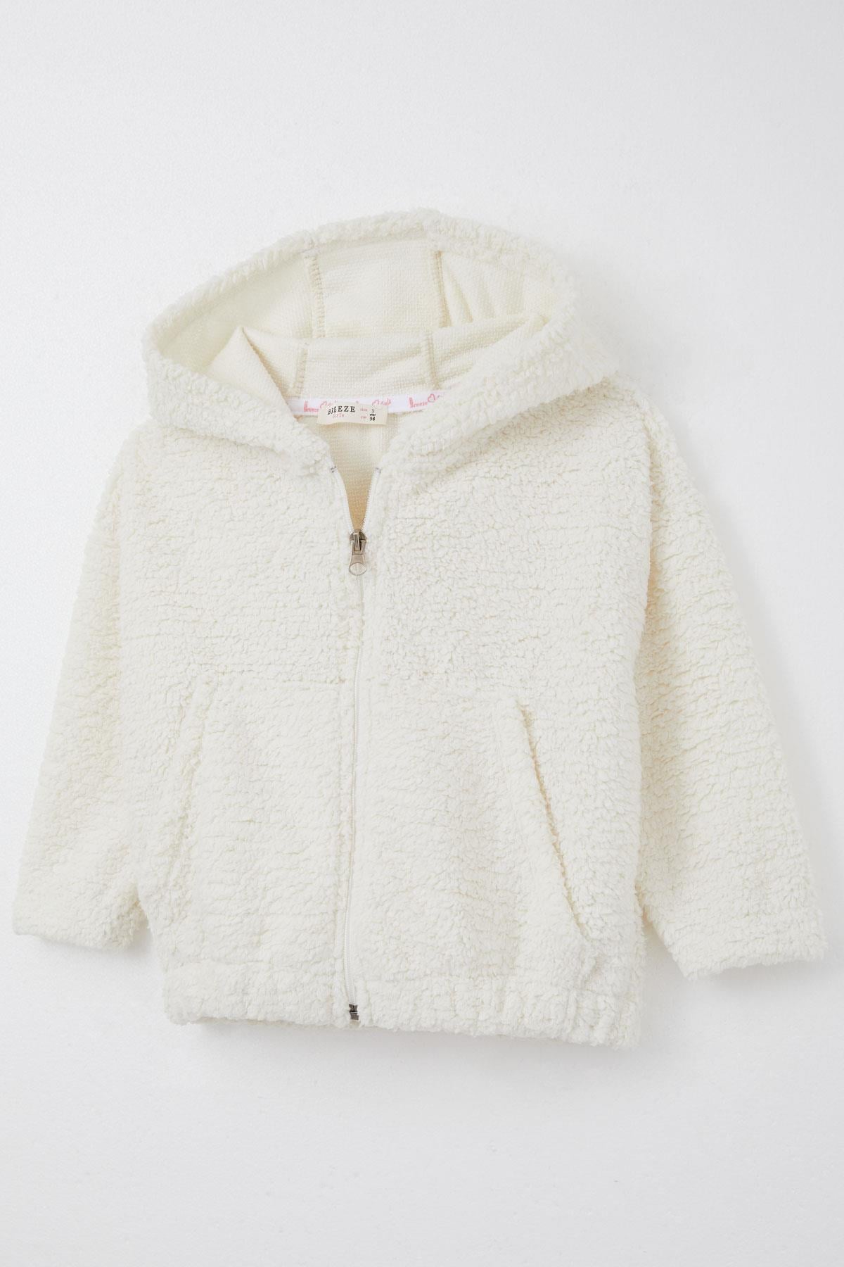 Breeze Kız Çocuk Peluş Hırka Kapüşonlu Fermuarlı Ekru (3-7 Yaş)