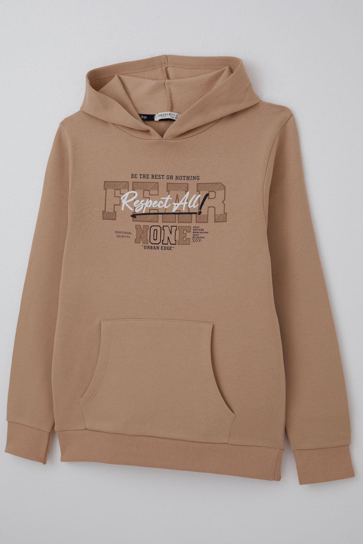 Breeze Kız Çocuk Peluş Sweatshirt Kapüşonlu Kanguru Cepli Bej (9-14 Yaş)