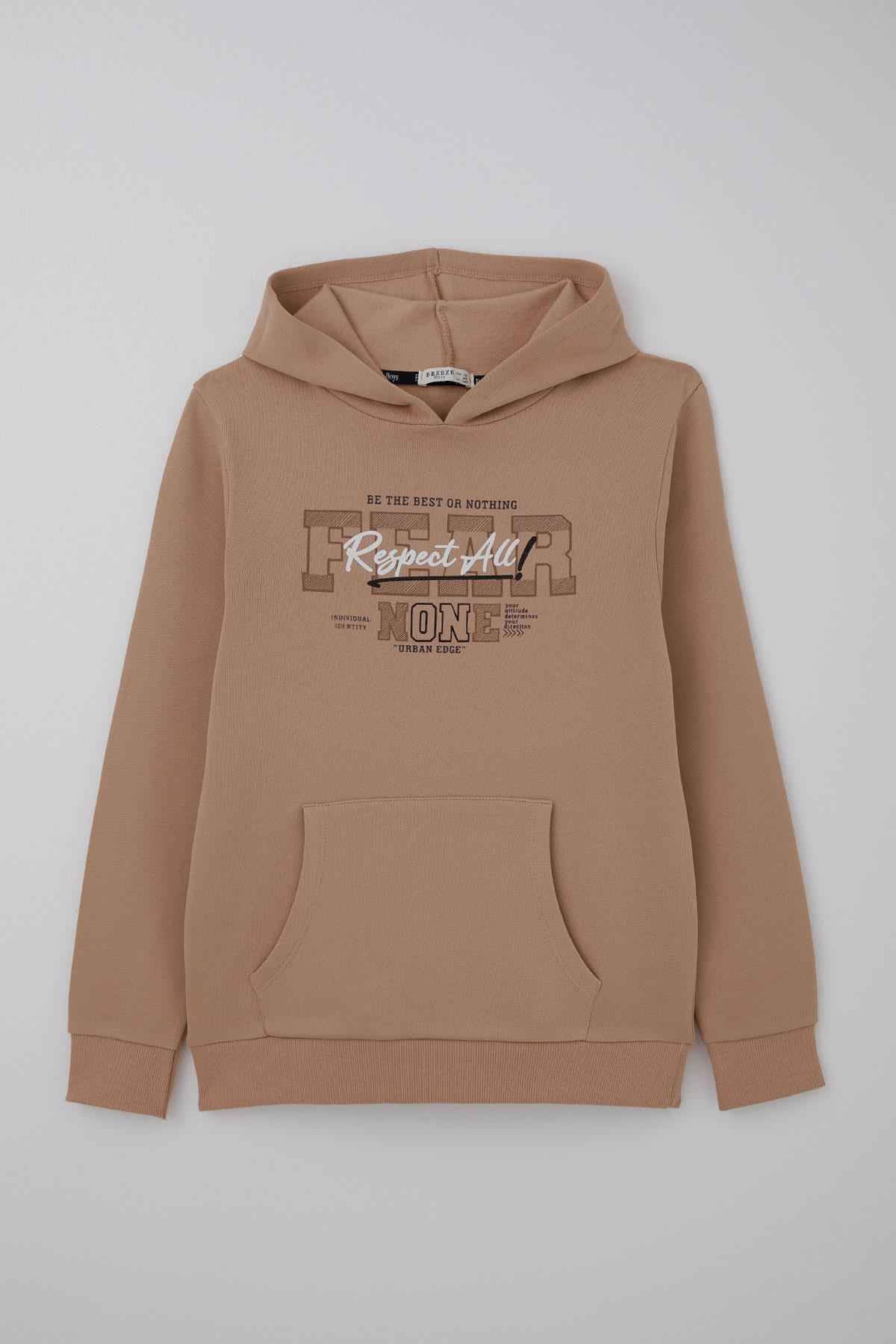 Breeze Kız Çocuk Peluş Sweatshirt Kapüşonlu Kanguru Cepli Bej (9-14 Yaş)