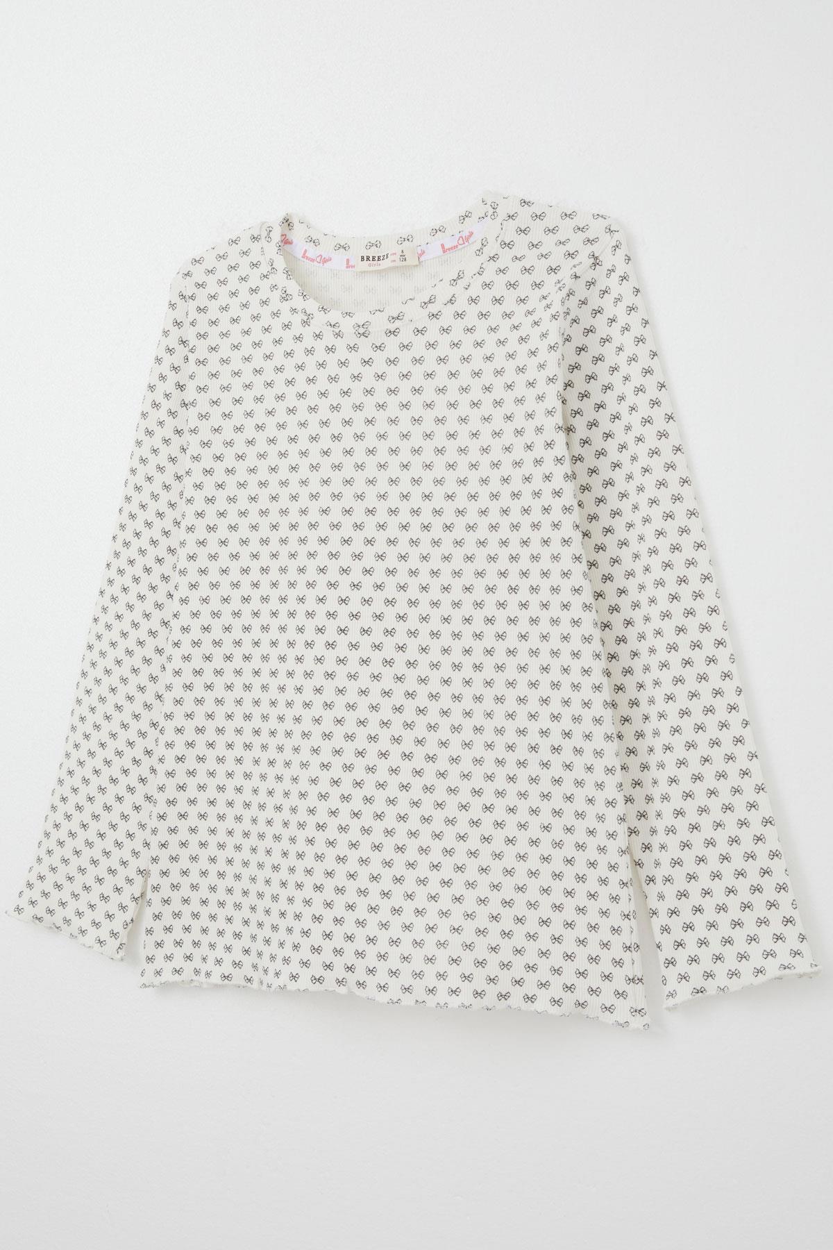 Breeze Kız Çocuk Pijama Takım Fiyonk Desenli Ekru (4-8 Yaş)