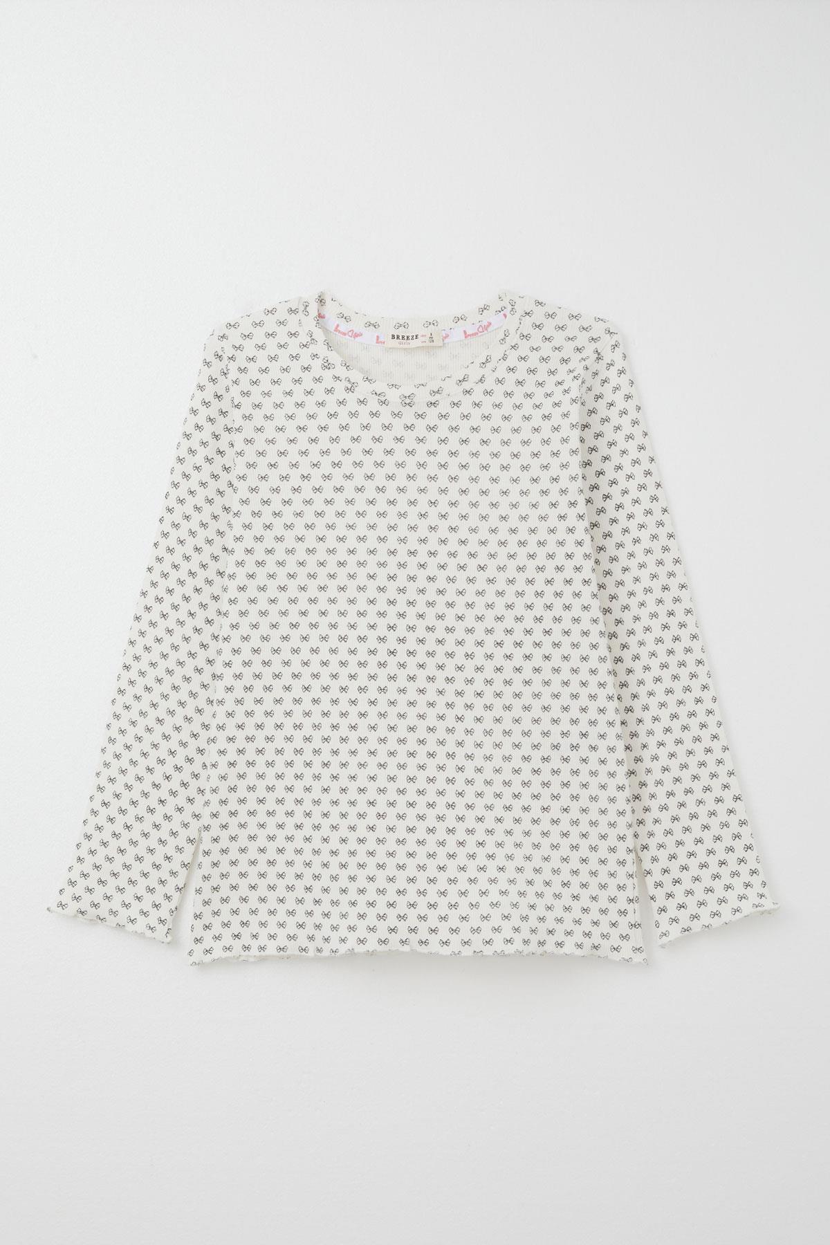 Breeze Kız Çocuk Pijama Takım Fiyonk Desenli Ekru (4-8 Yaş)