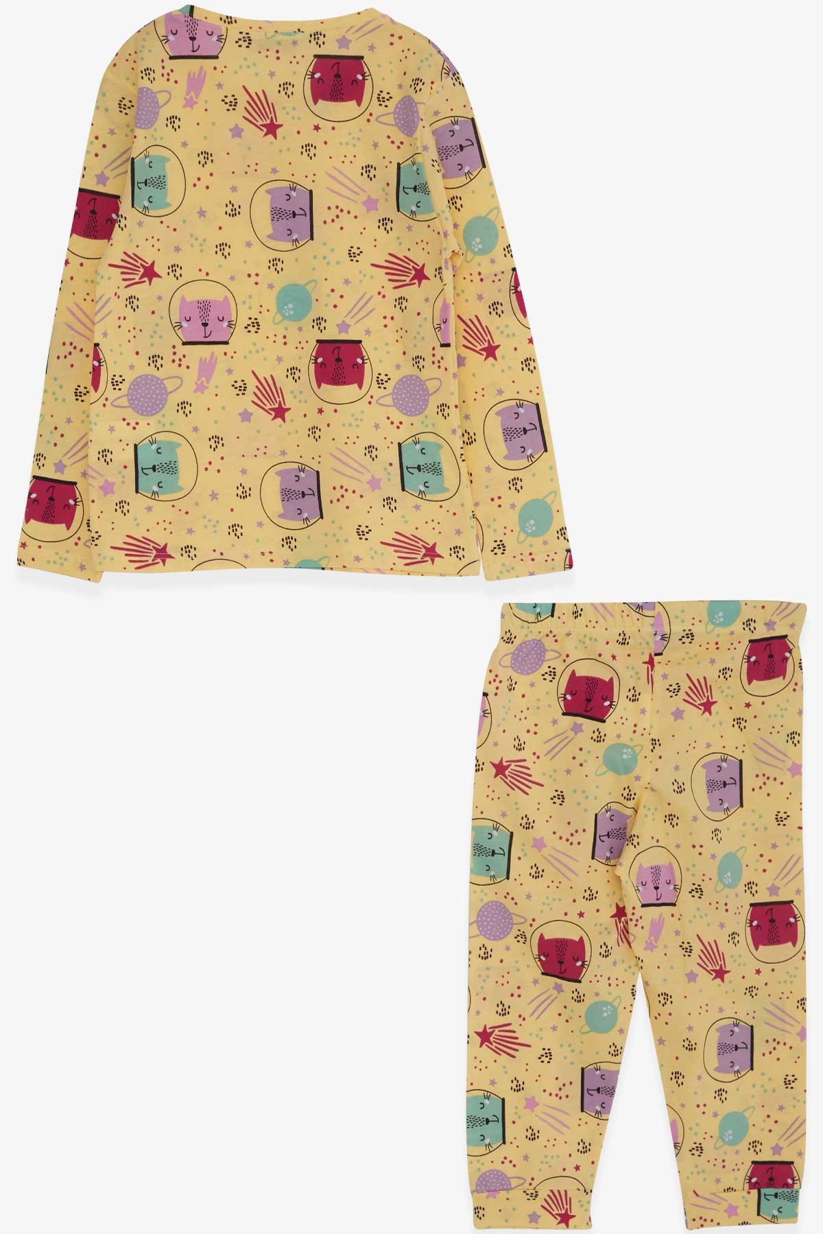 Breeze Kız Çocuk Pijama Takımı Astronot Kedicik Desenli Sarı (3-7 Yaş)