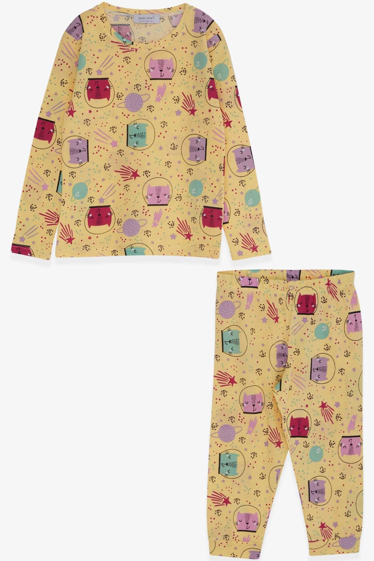 Breeze Kız Çocuk Pijama Takımı Astronot Kedicik Desenli Sarı (3-7 Yaş)