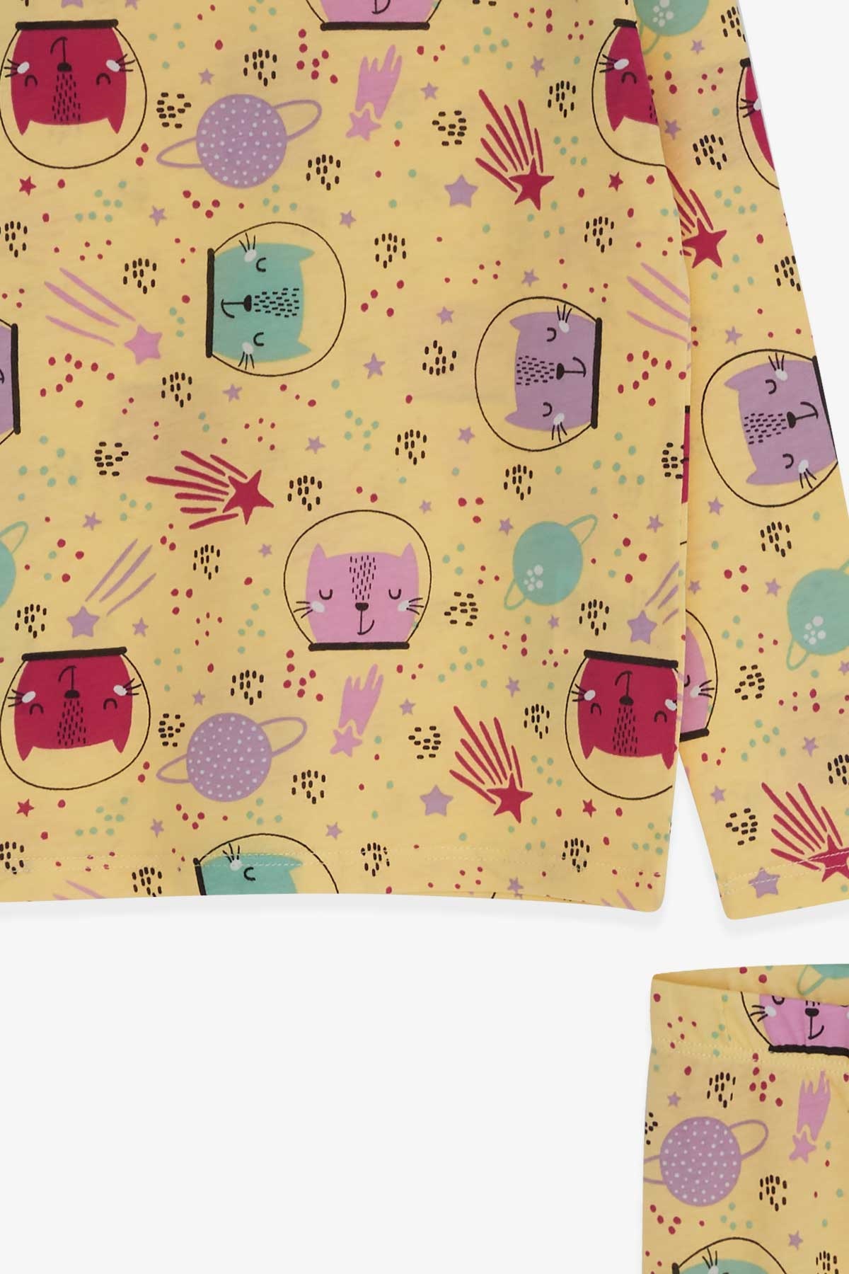 Breeze Kız Çocuk Pijama Takımı Astronot Kedicik Desenli Sarı (3-7 Yaş)