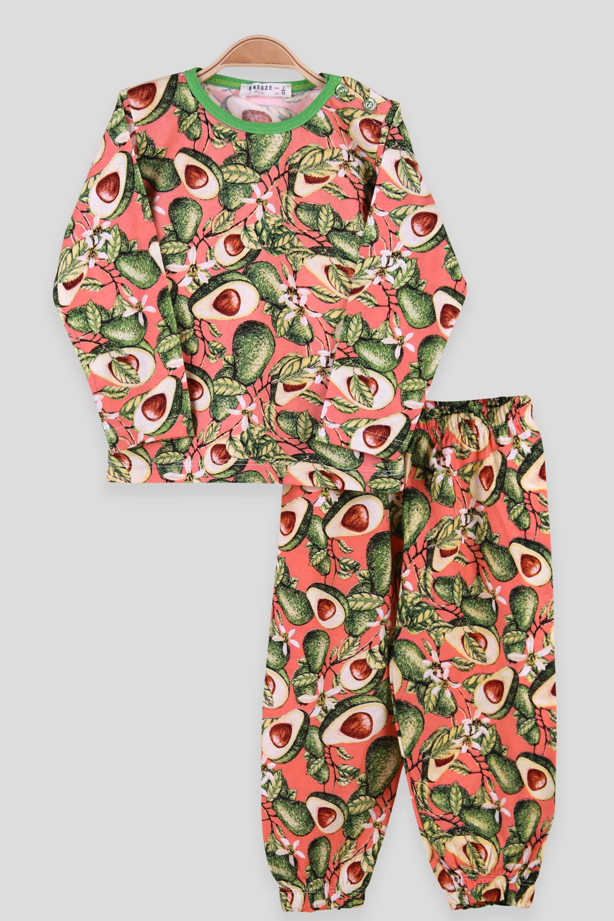 Breeze Kız Çocuk Pijama Takımı Avakado Desenli Somon (2-6 Yaş)