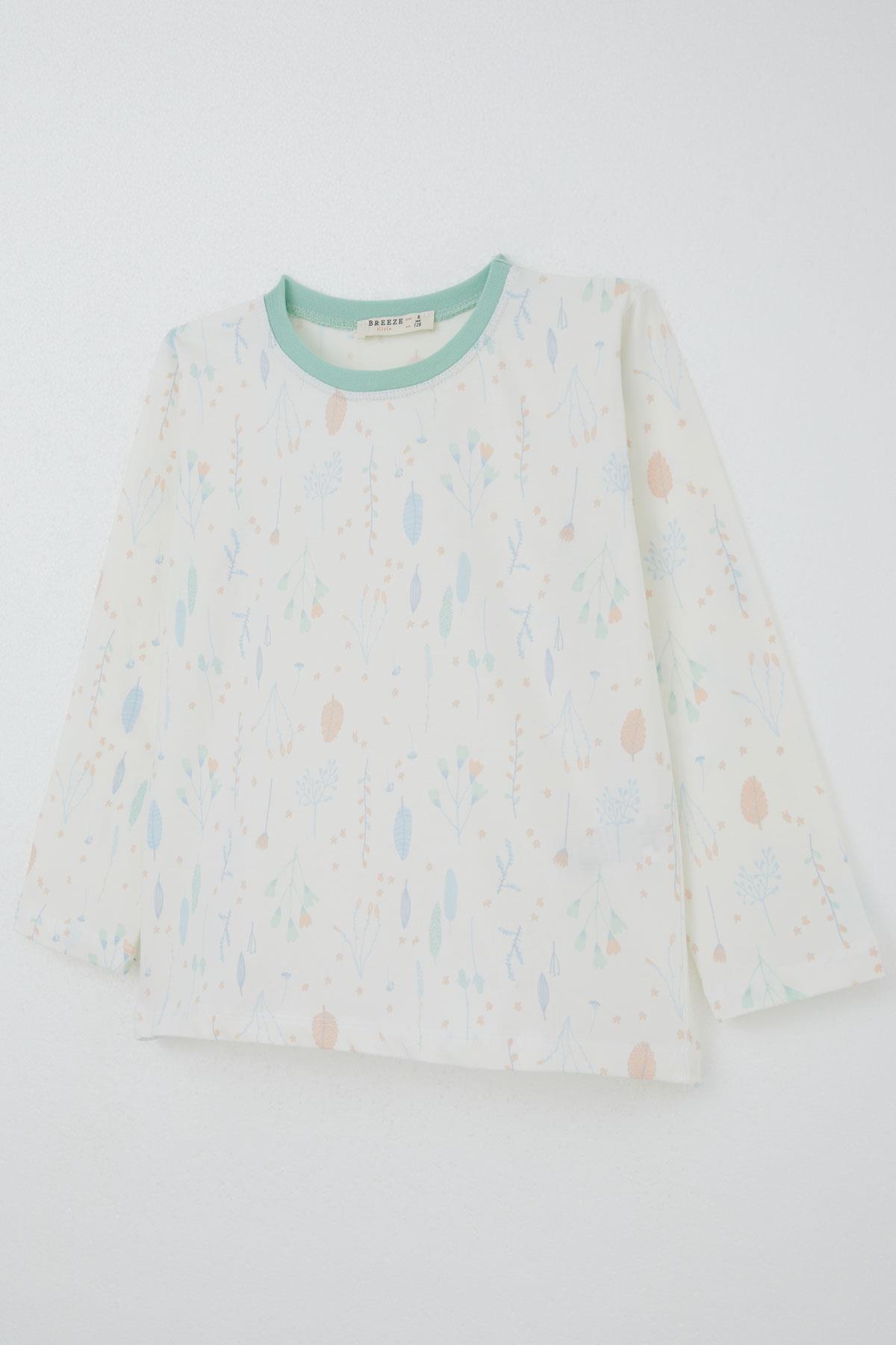 Breeze Kız Çocuk Pijama Takımı Bahar Fısıltısı Renkli Yapraklar Desenli Ekru (4-8 Yaş)