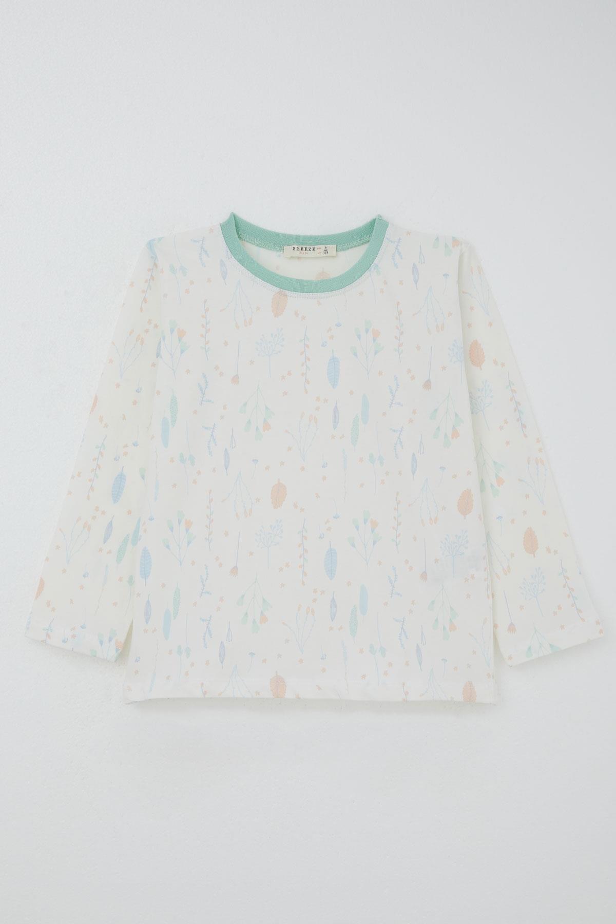 Breeze Kız Çocuk Pijama Takımı Bahar Fısıltısı Renkli Yapraklar Desenli Ekru (4-8 Yaş)
