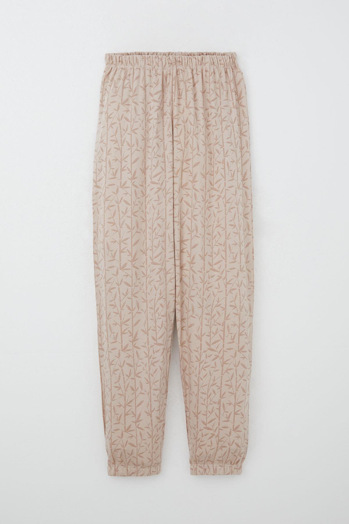 Breeze Kız Çocuk Pijama Takımı Bambu Çiçeği Desenli Bej (9-12 Yaş)