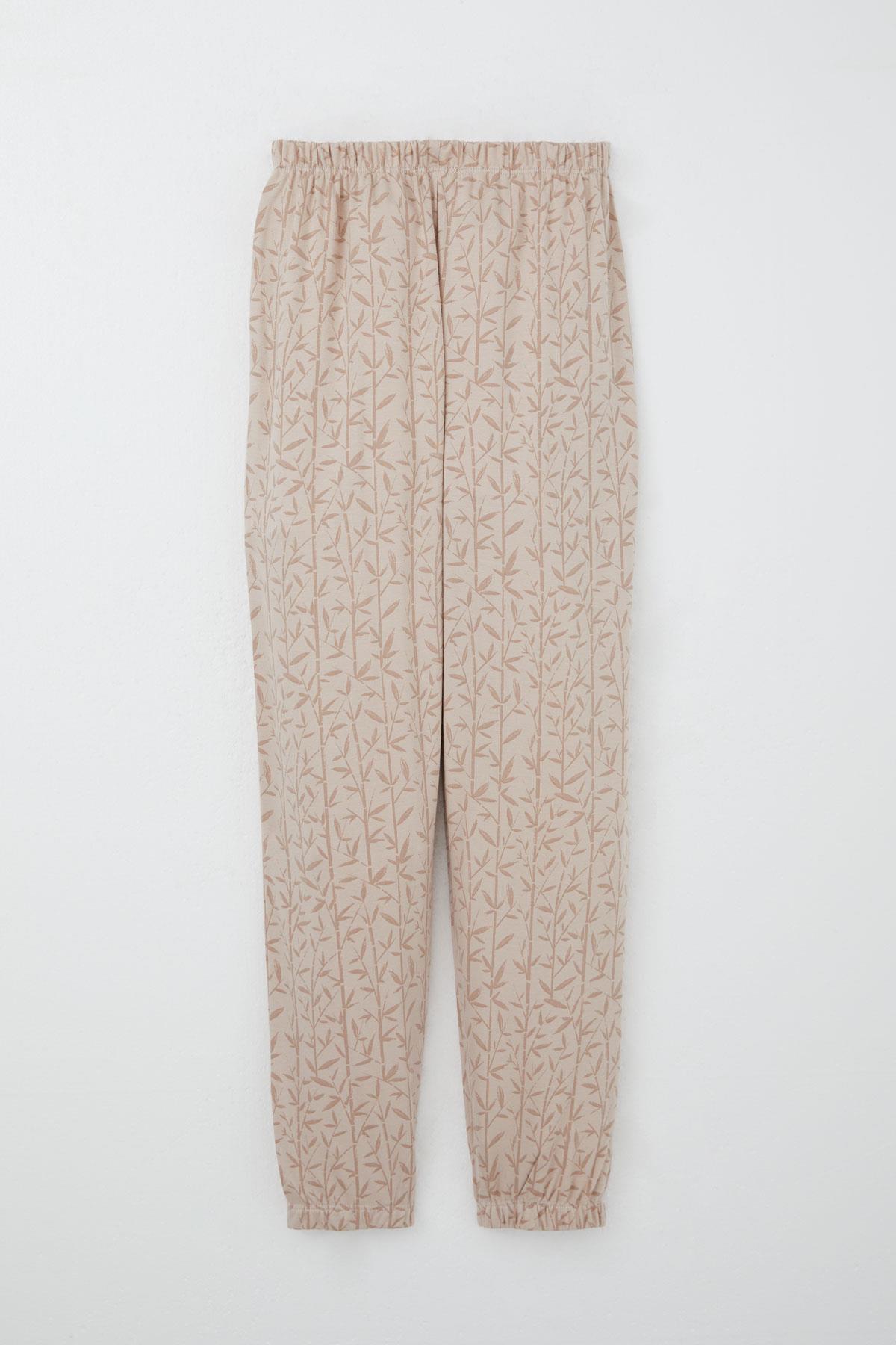 Breeze Kız Çocuk Pijama Takımı Bambu Çiçeği Desenli Bej (9-12 Yaş)