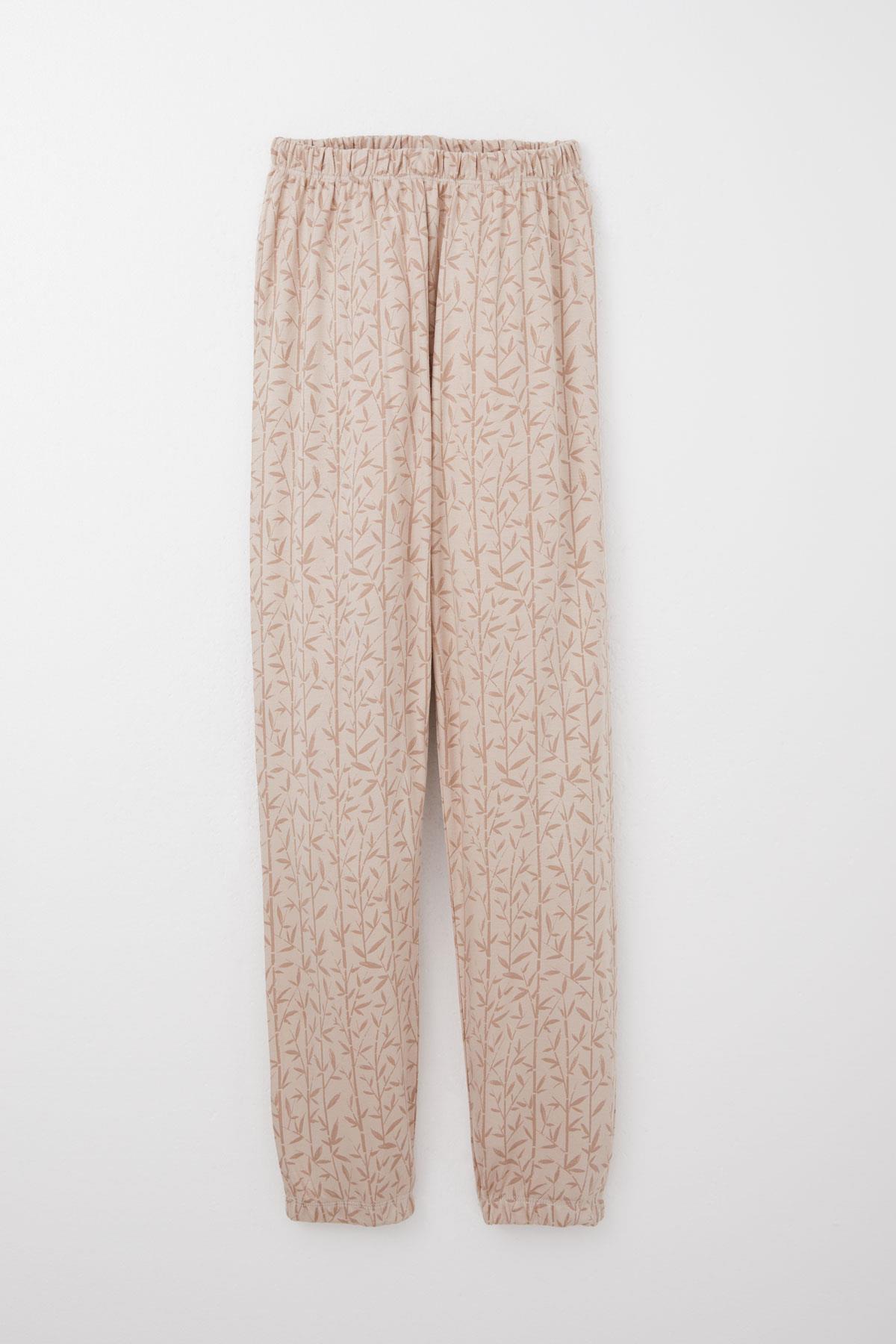 Breeze Kız Çocuk Pijama Takımı Bambu Çiçeği Desenli Bej (9-12 Yaş)