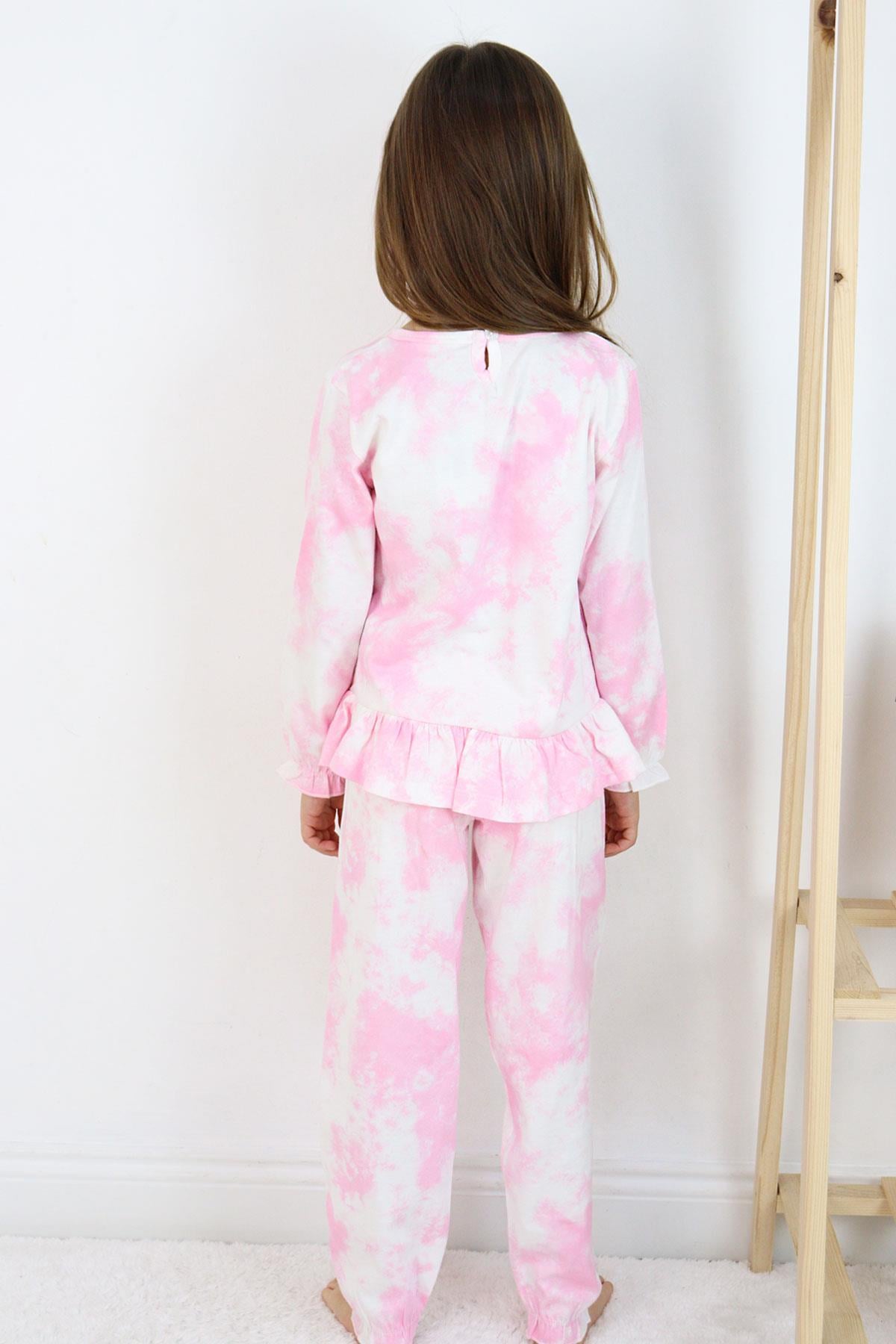 Breeze Kız Çocuk Pijama Takımı Batik Desenli Fırfırlı Pembe (3-7 Yaş)