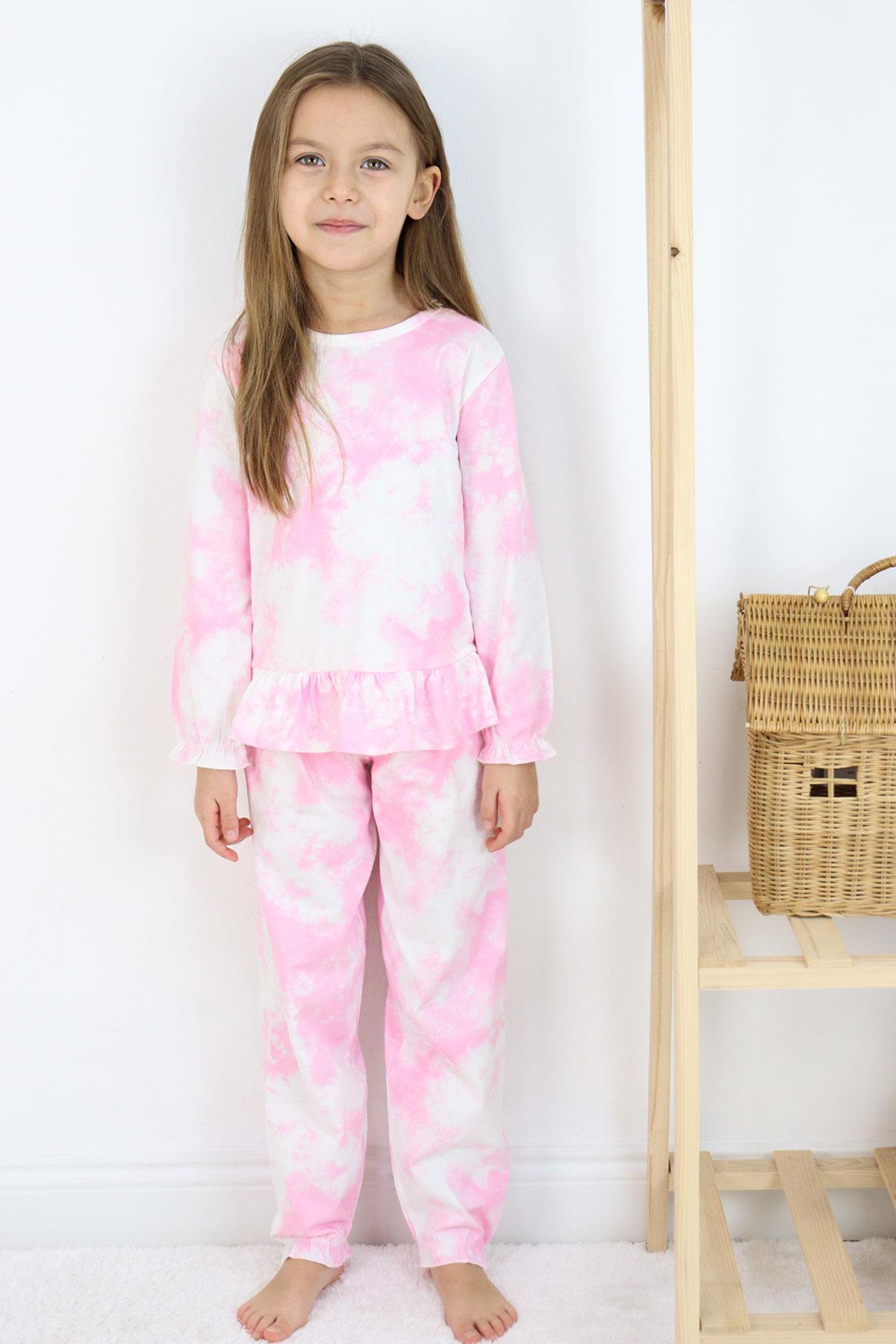 Breeze Kız Çocuk Pijama Takımı Batik Desenli Fırfırlı Pembe (3-7 Yaş)