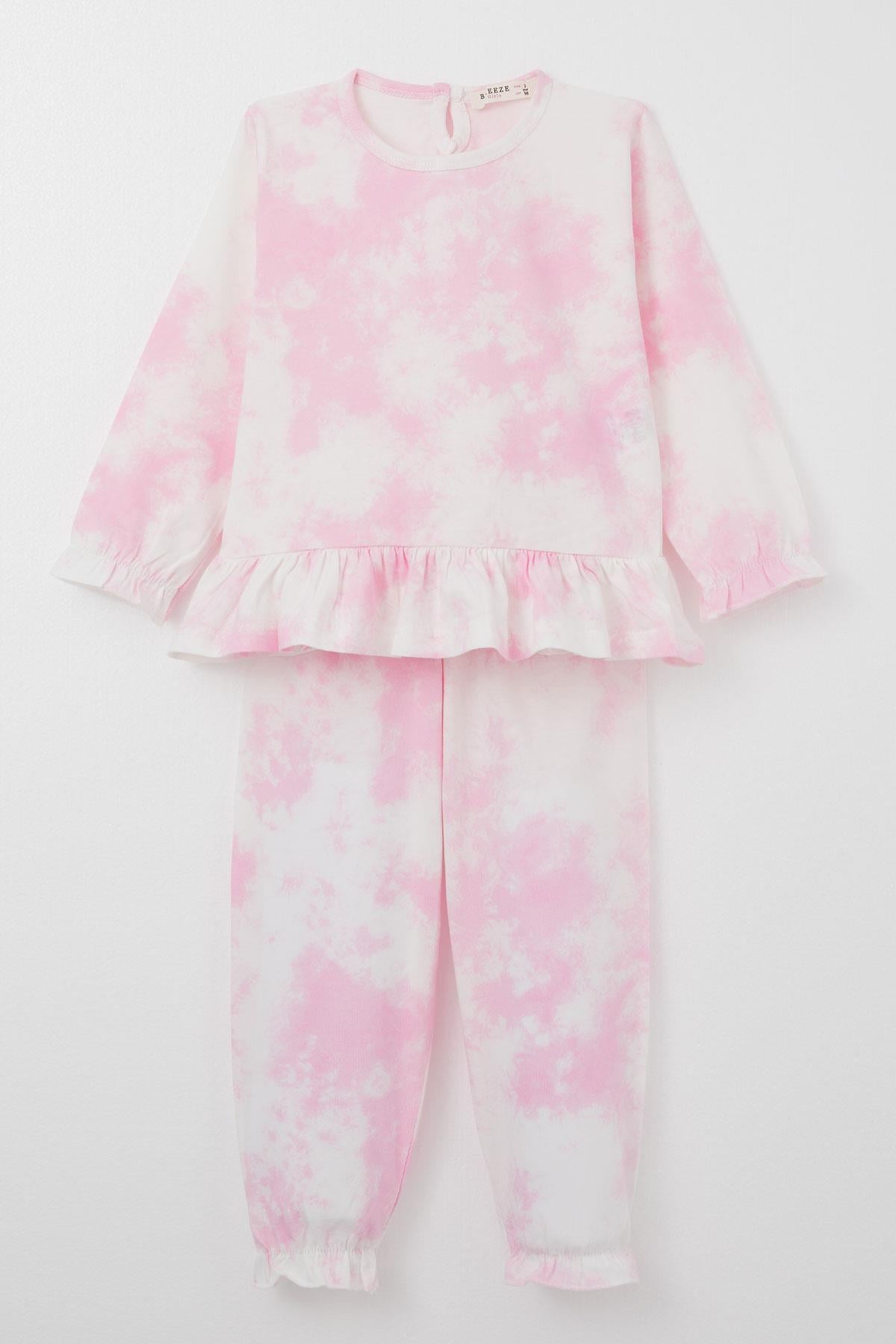 Breeze Kız Çocuk Pijama Takımı Batik Desenli Fırfırlı Pembe (3-7 Yaş)