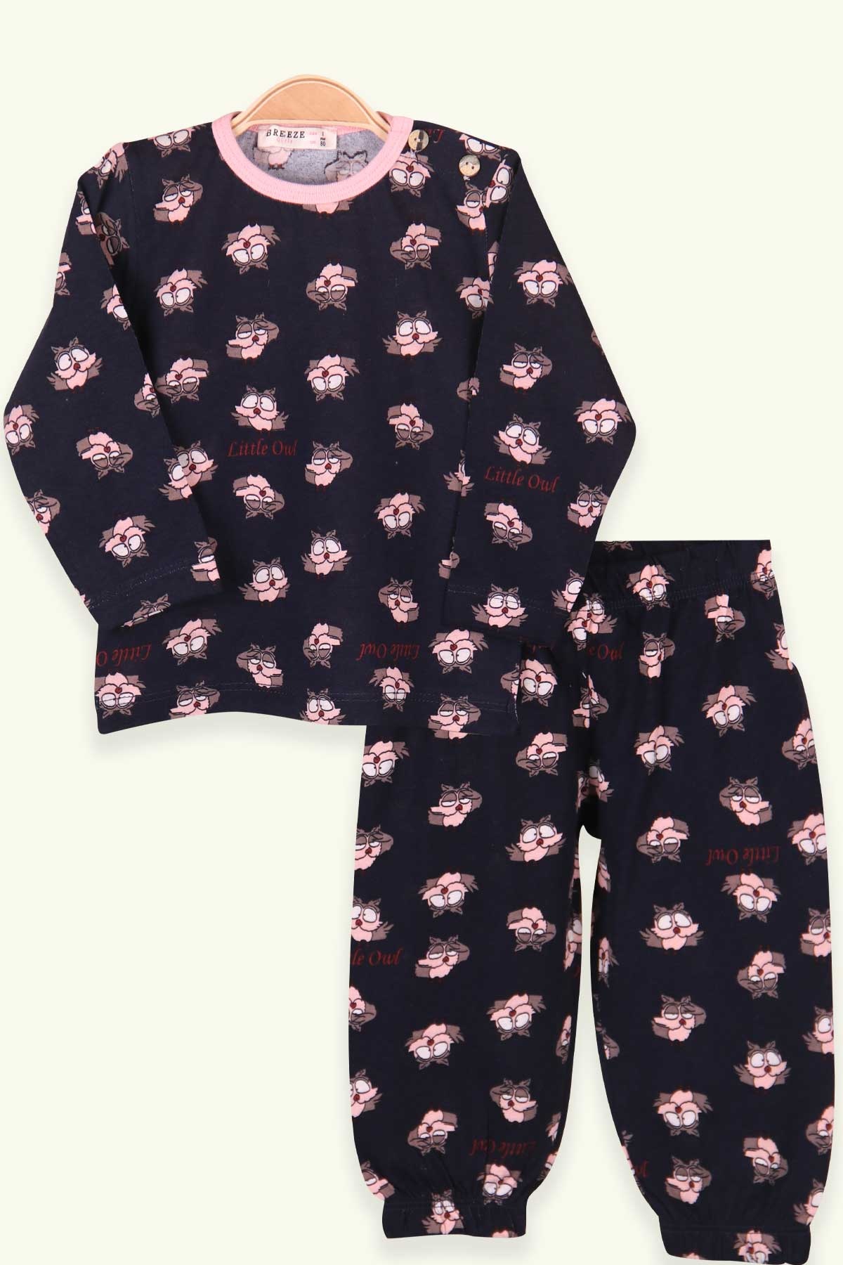 Breeze Kız Çocuk Pijama Takımı Baykuşlu Lacivert (1-4 Yaş)