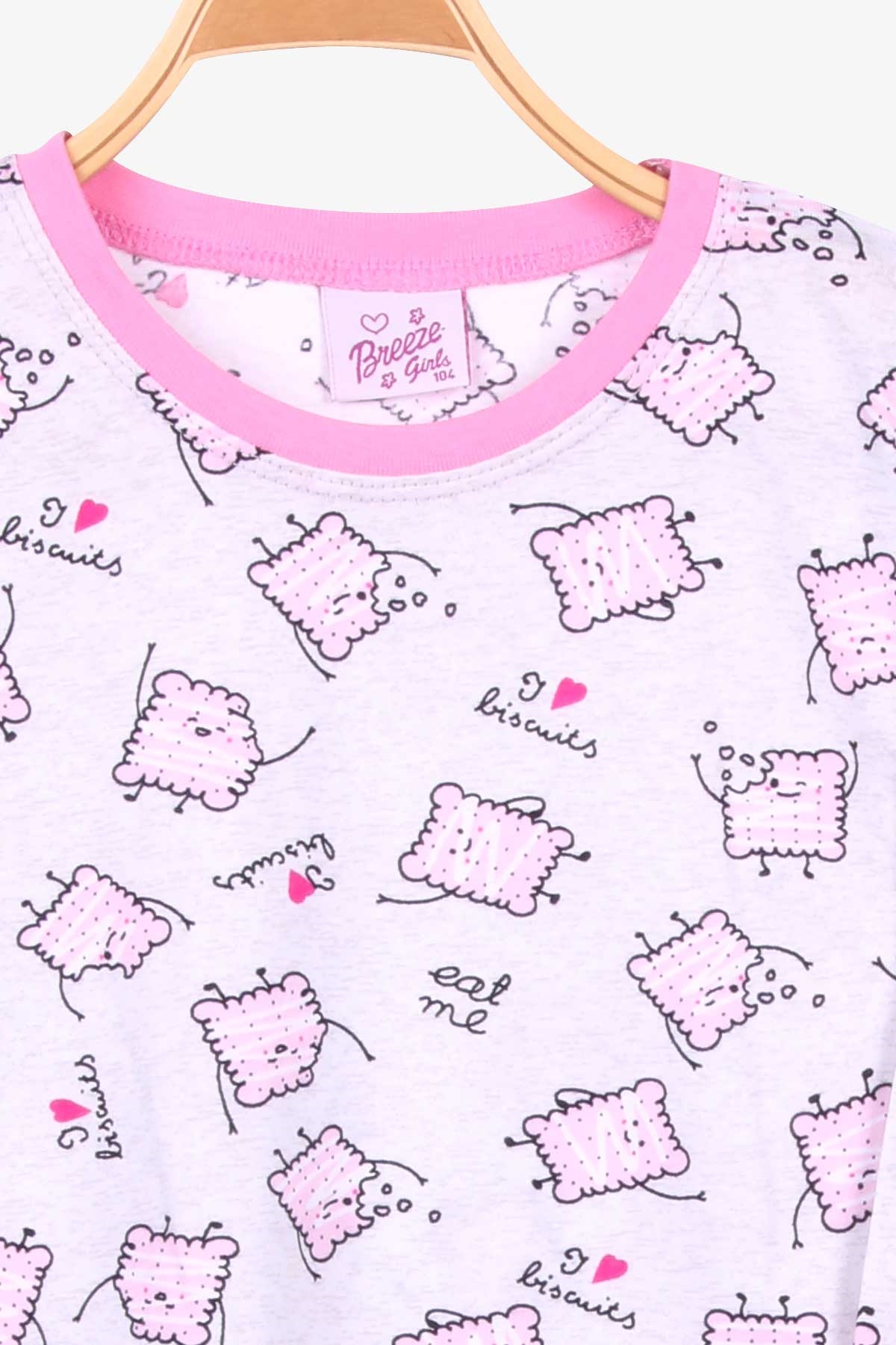 Breeze Kız Çocuk Pijama Takımı Bisküvi Desenli Açık Gri Melanj (4-8 Yaş)