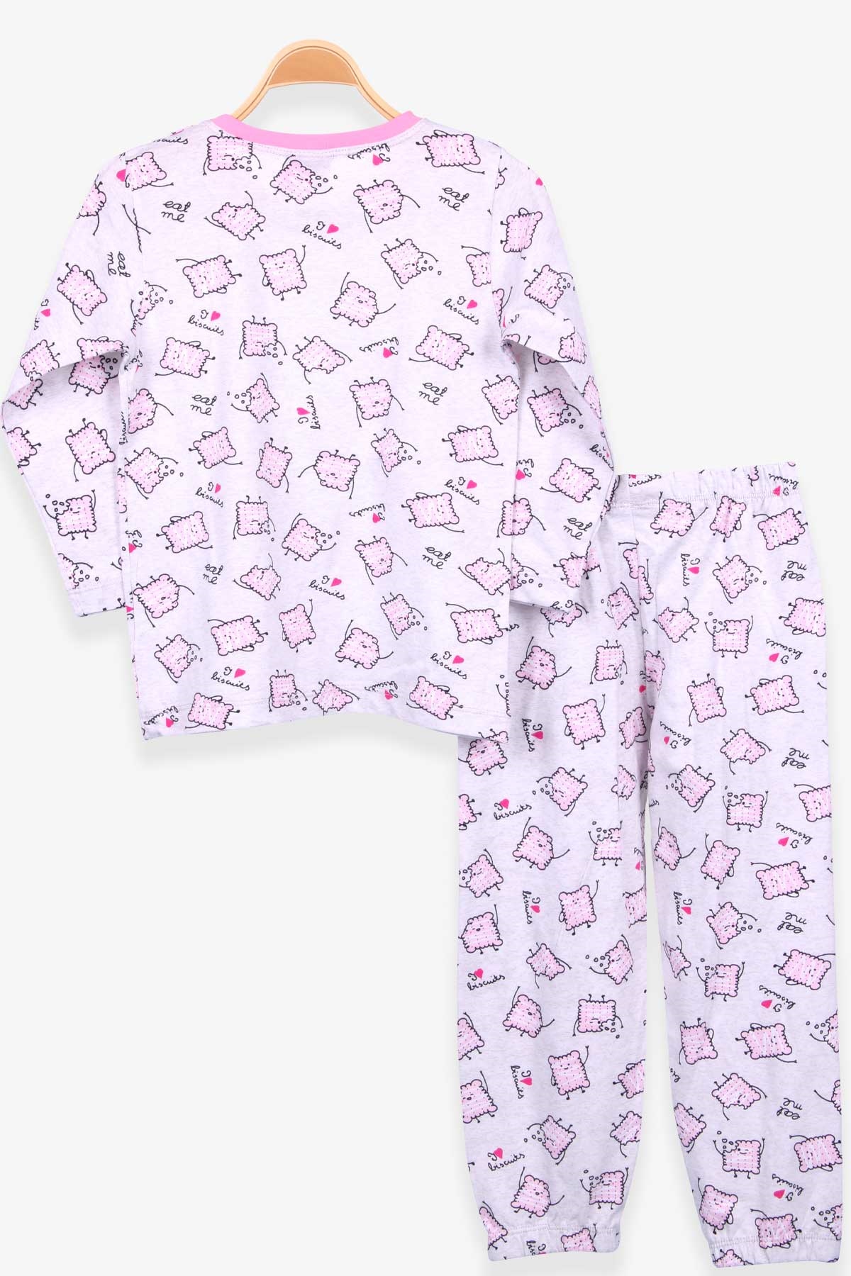 Breeze Kız Çocuk Pijama Takımı Bisküvi Desenli Açık Gri Melanj (4-8 Yaş)