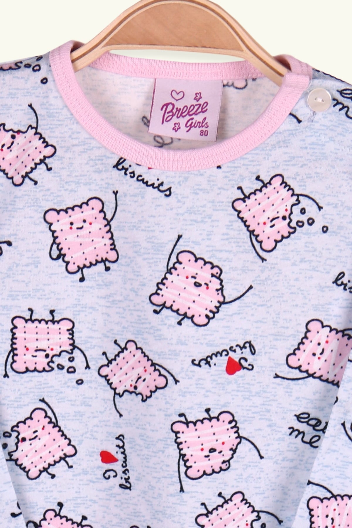 Breeze Kız Çocuk Pijama Takımı Bisküvi Desenli Bebe Mavisi (1-4 Yaş)