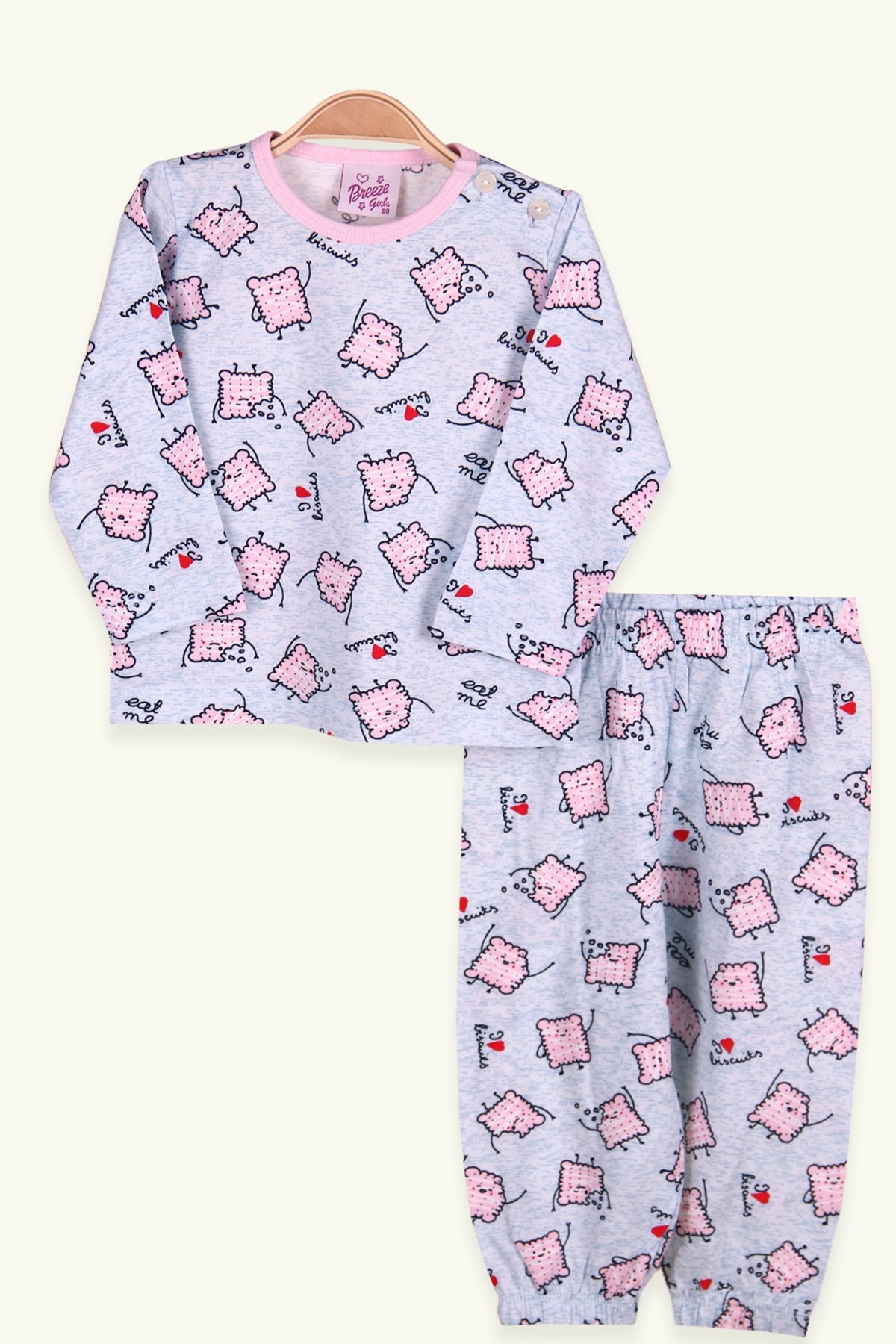 Breeze Kız Çocuk Pijama Takımı Bisküvi Desenli Bebe Mavisi (1-4 Yaş)