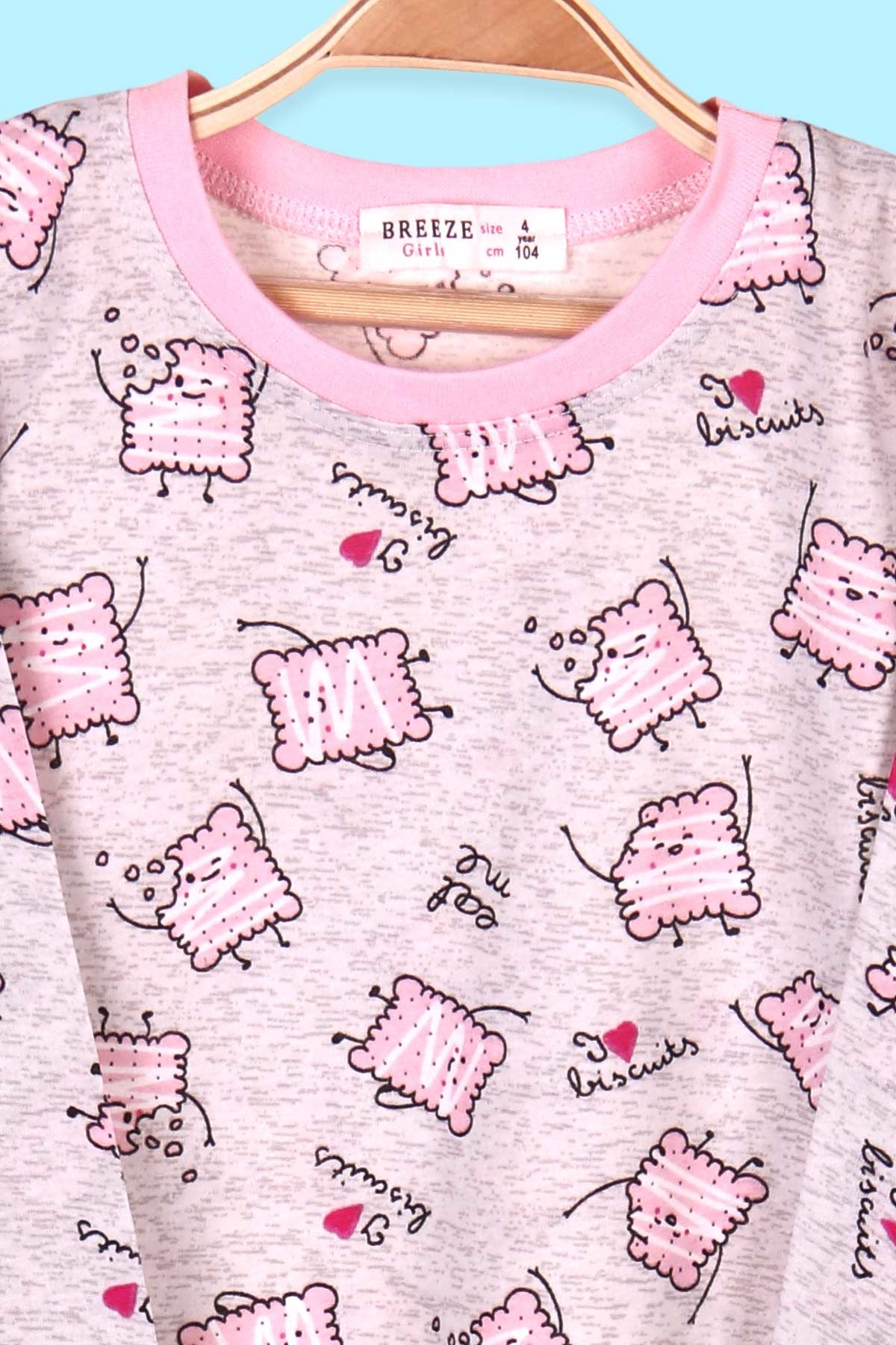 Breeze Kız Çocuk Pijama Takımı Bisküvi Desenli Açık Gri (4-8 Yaş)