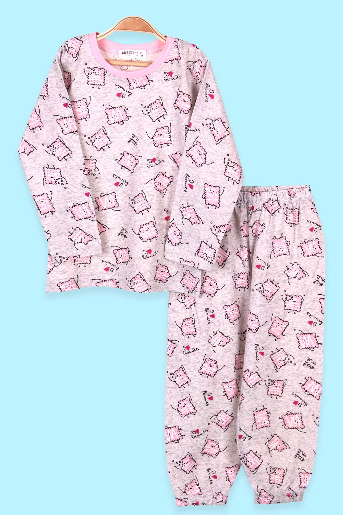 Breeze Kız Çocuk Pijama Takımı Bisküvi Desenli Açık Gri (4-8 Yaş)