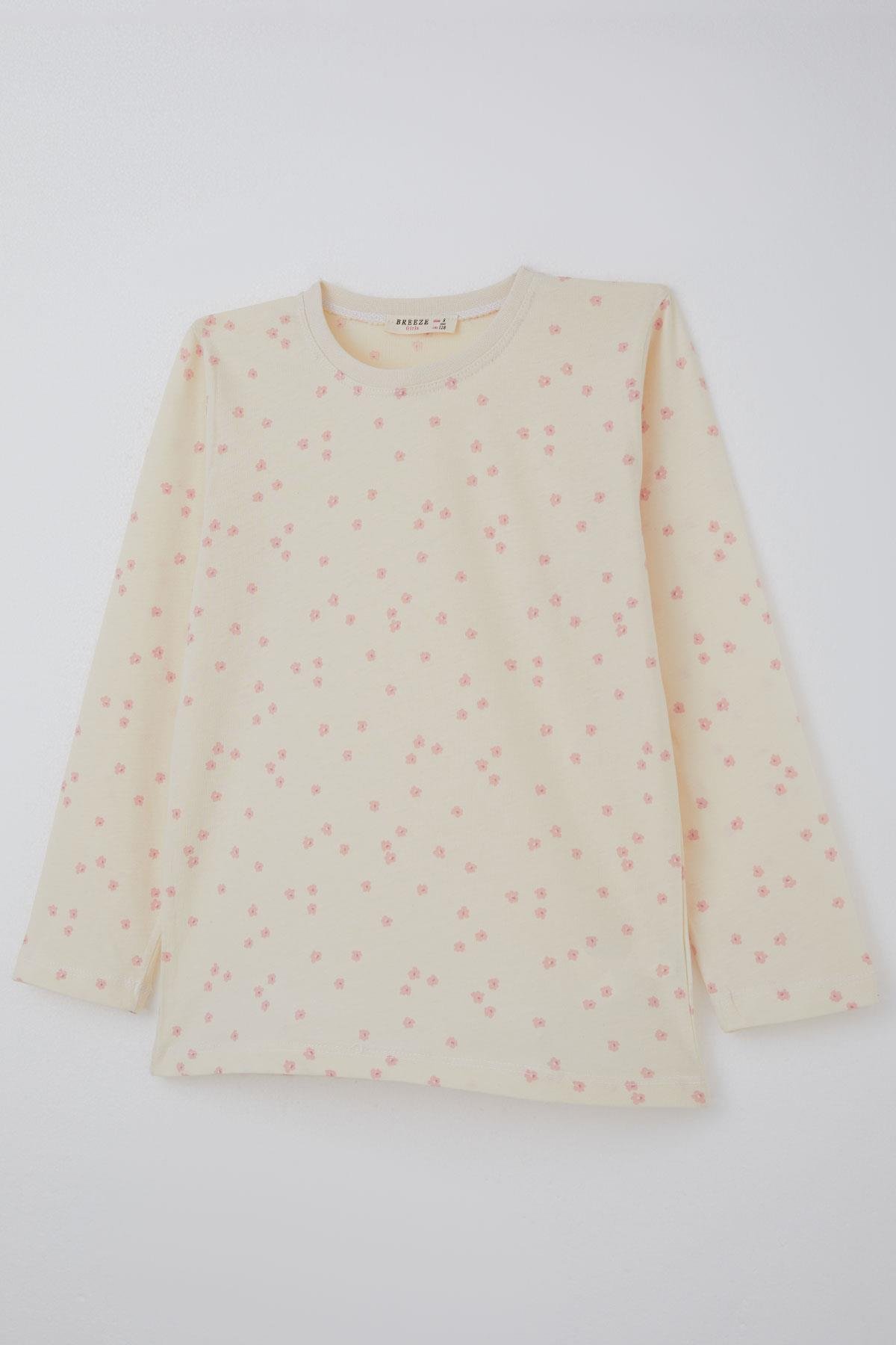 Breeze Kız Çocuk Pijama Takımı Çiçek Desenli Krem (4-8 Yaş)