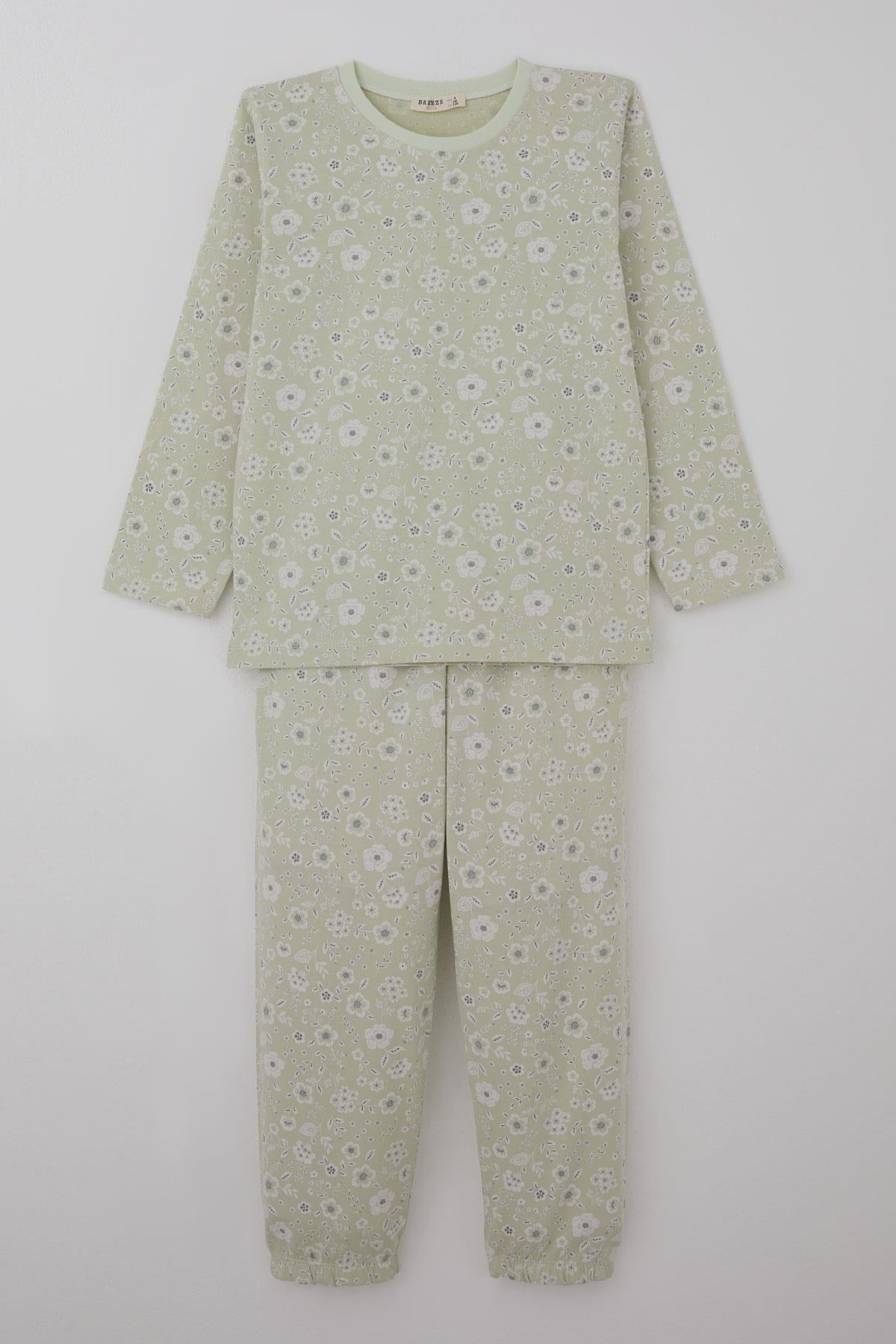 Breeze Kız Çocuk Pijama Takımı Çiçek Desenli Su Yeşili (4-8 Yaş)