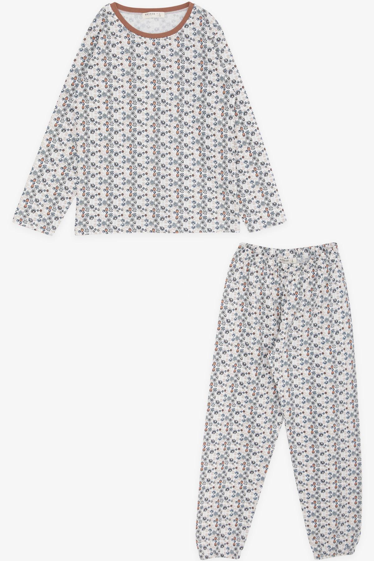 Breeze Kız Çocuk Pijama Takımı Çiçek Desenli Ekru (4-8 Yaş)