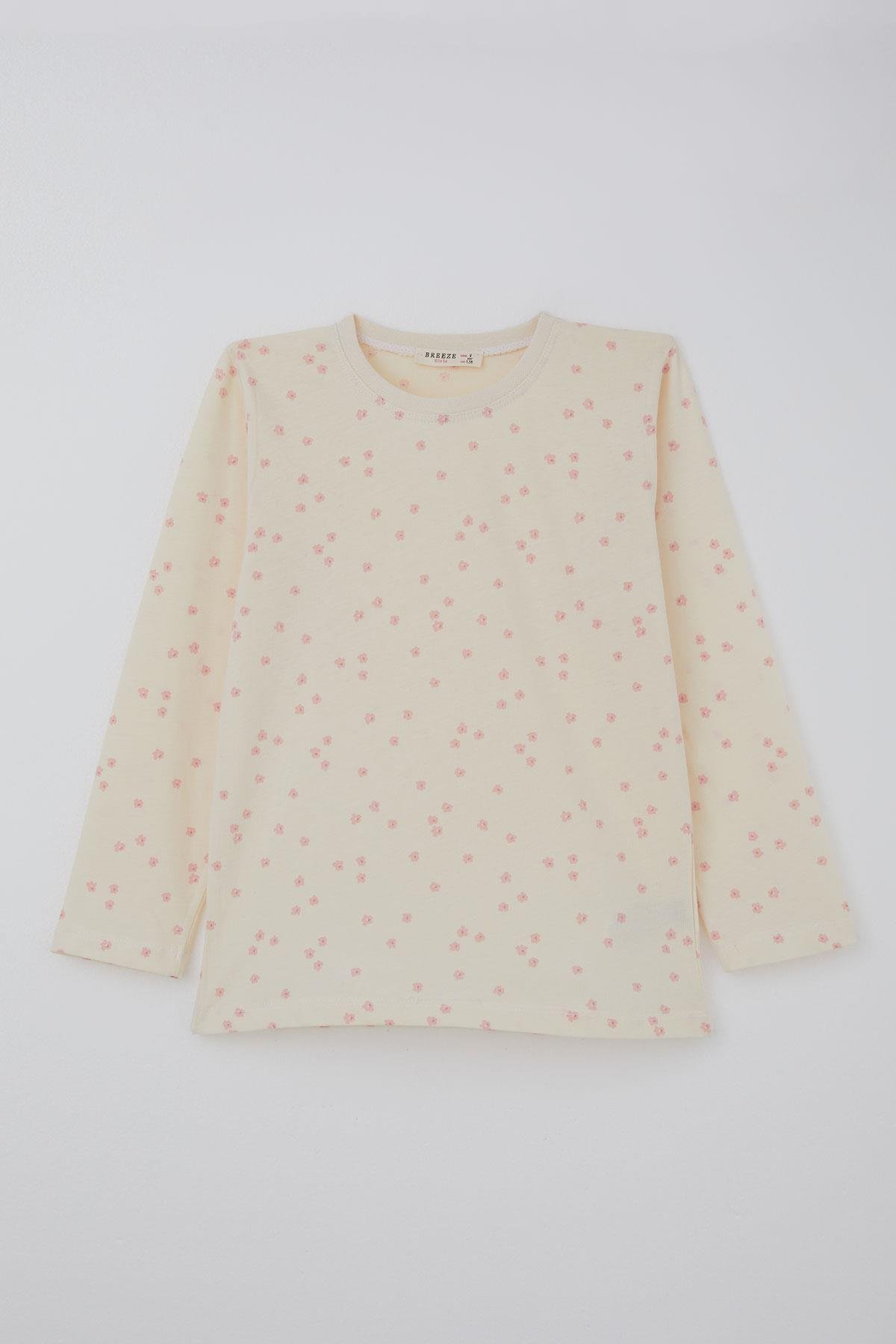 Breeze Kız Çocuk Pijama Takımı Çiçek Desenli Krem (4-8 Yaş)