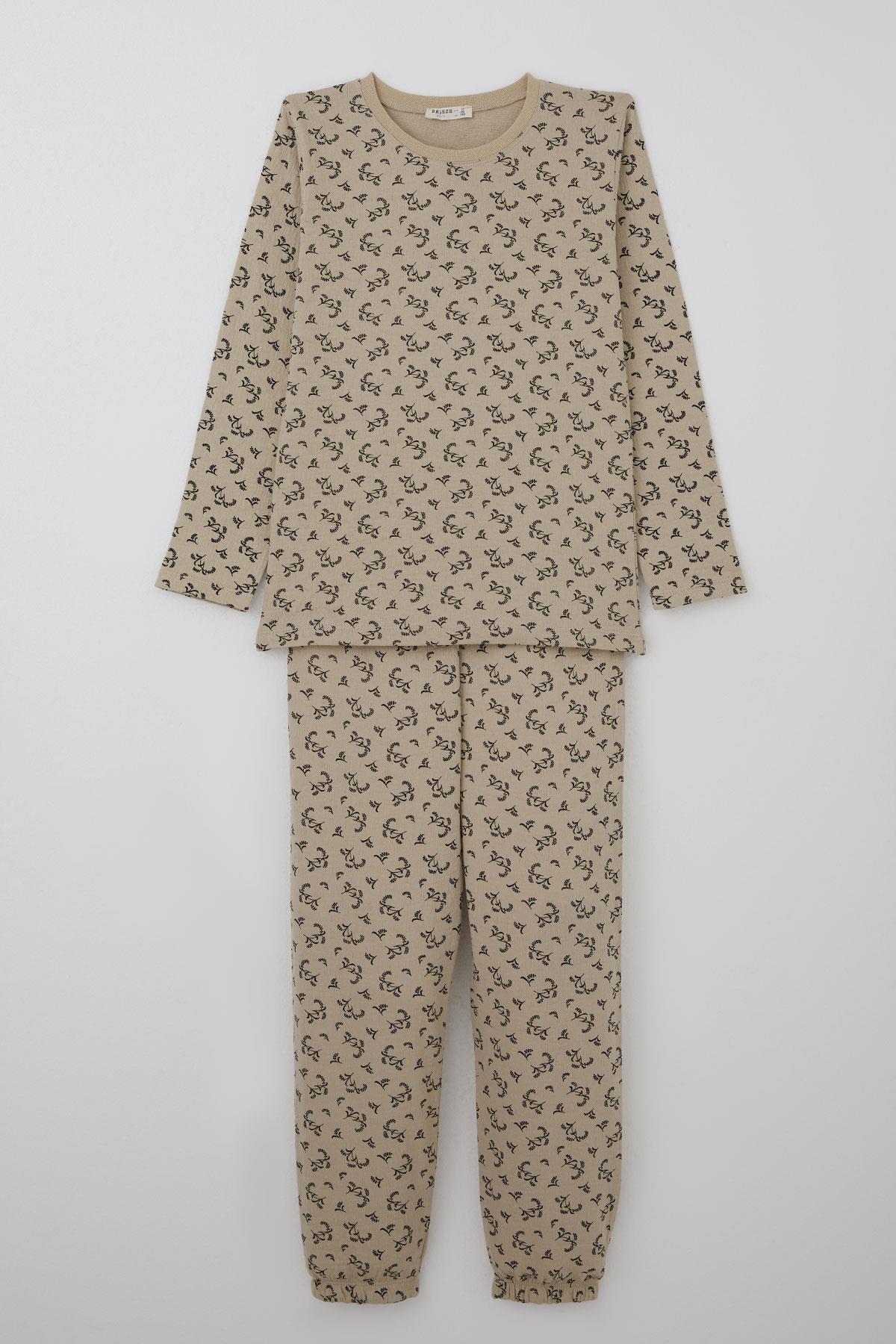 Breeze Kız Çocuk Pijama Takımı Çiçek Desenli Beli Paçası Lastikli Bej (9-12 Yaş)