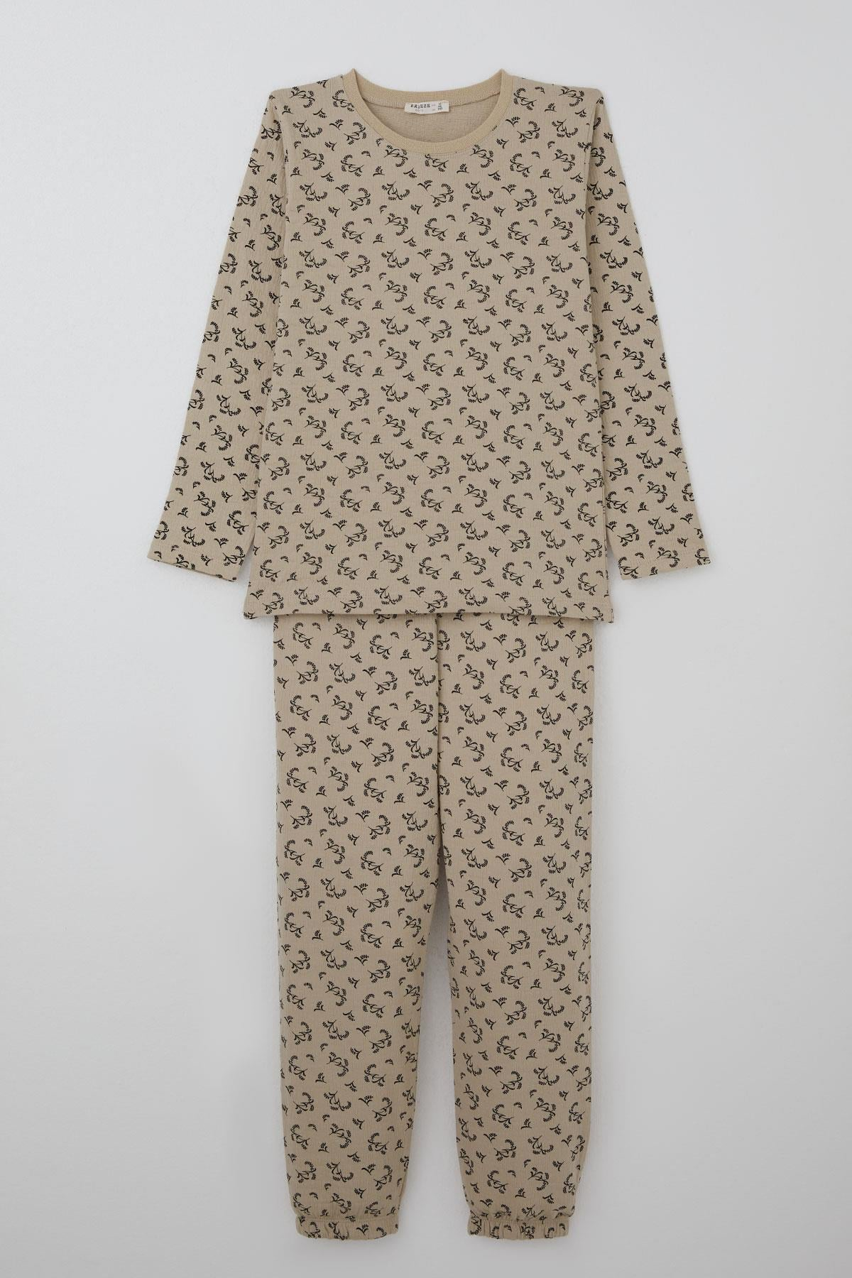 Breeze Kız Çocuk Pijama Takımı Çiçek Desenli Beli Paçası Lastikli Bej (9-12 Yaş)