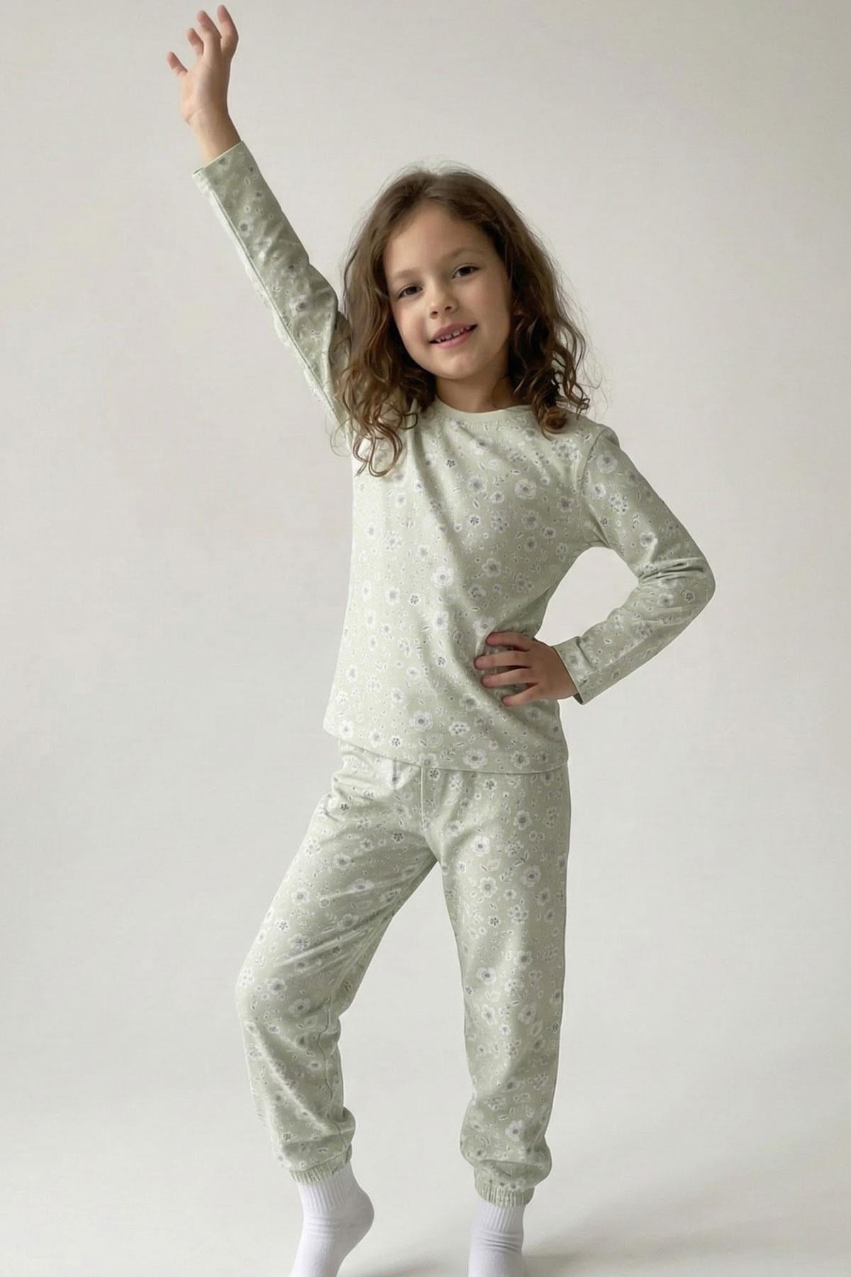 Breeze Kız Çocuk Pijama Takımı Çiçek Desenli Su Yeşili (4-8 Yaş)