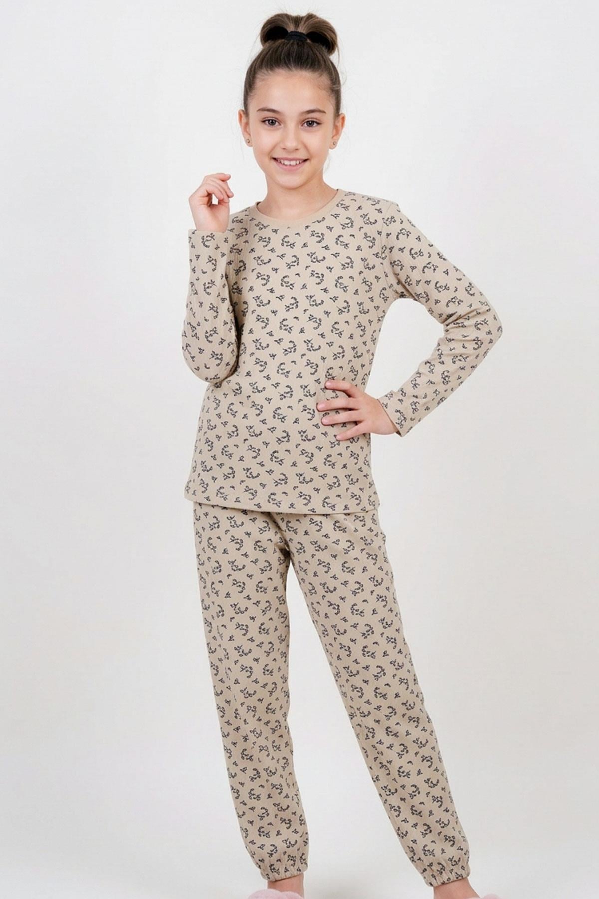 Breeze Kız Çocuk Pijama Takımı Çiçek Desenli Beli Paçası Lastikli Bej (9-12 Yaş)