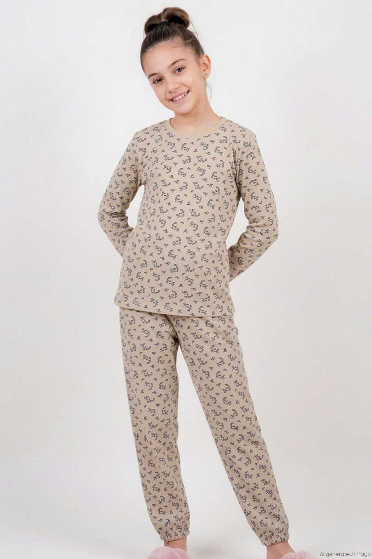 Breeze Kız Çocuk Pijama Takımı Çiçek Desenli Beli Paçası Lastikli Bej (9-12 Yaş)