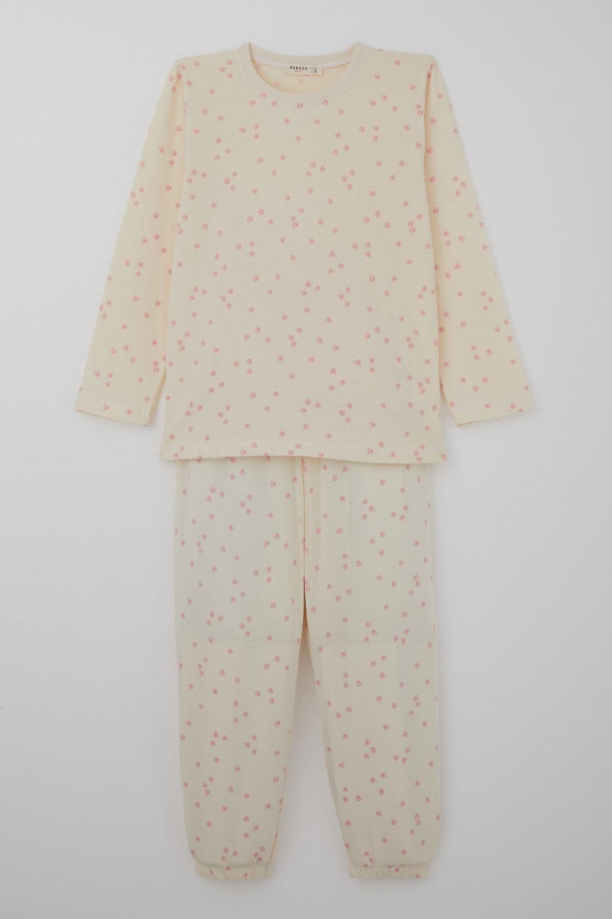 Breeze Kız Çocuk Pijama Takımı Çiçek Desenli Krem (4-8 Yaş)