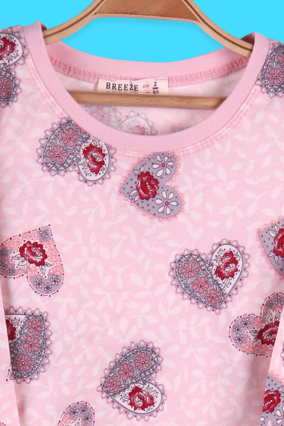Breeze Kız Çocuk Pijama Takımı Çiçekli Kalp Desenli Pudra (2-6 Yaş)
