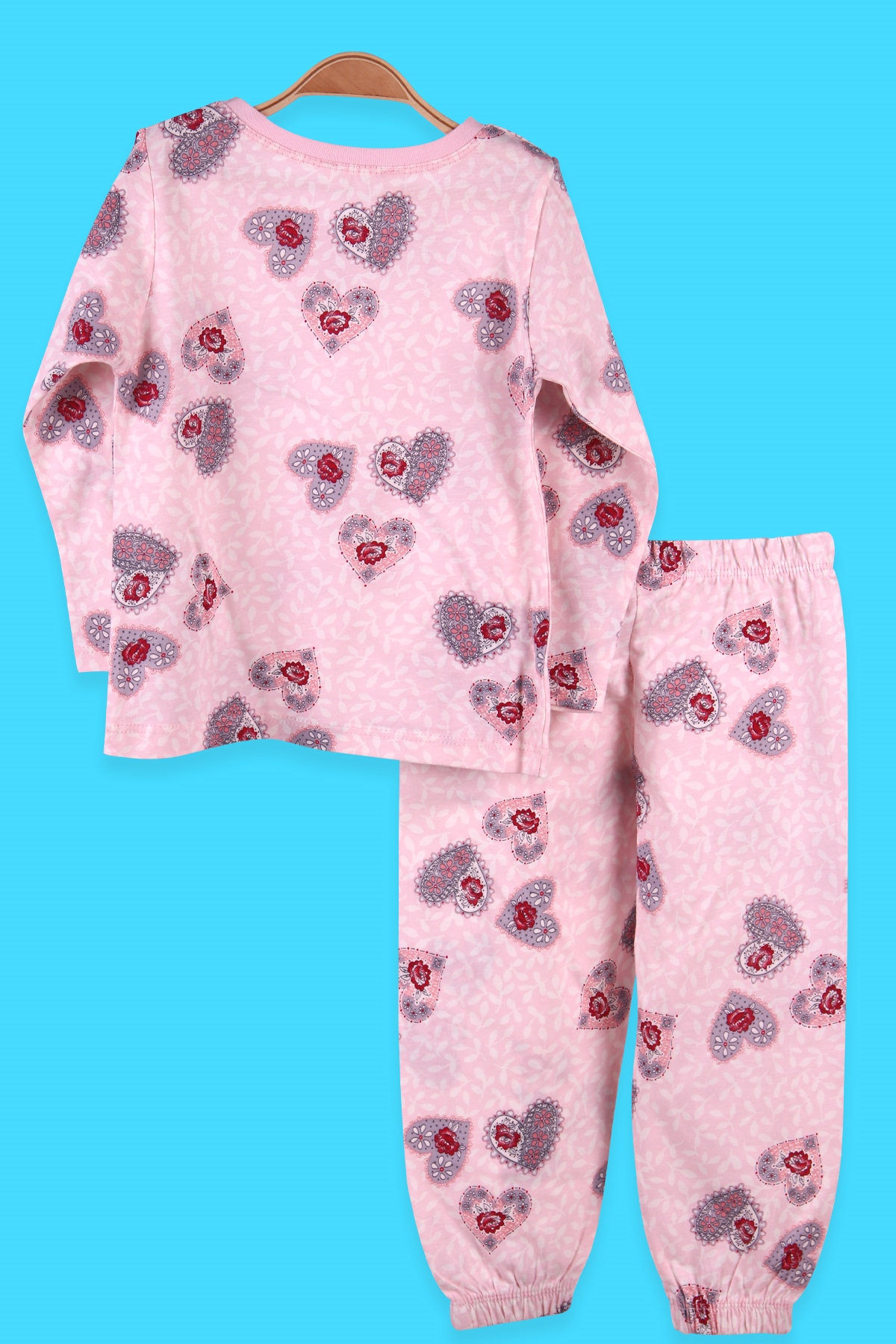 Breeze Kız Çocuk Pijama Takımı Çiçekli Kalp Desenli Pudra (2-6 Yaş)