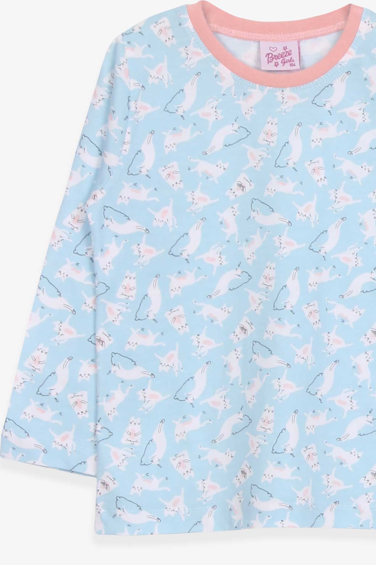 Breeze Kız Çocuk Pijama Takımı Çılgın Kedicik Desenli Bebe Mavisi (4-8 Yaş)