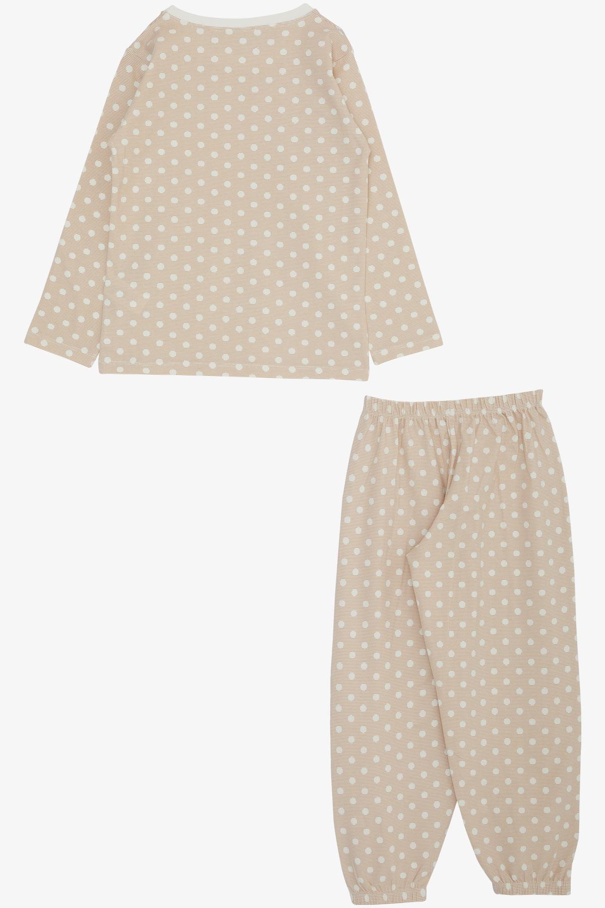 Breeze Kız Çocuk Pijama Takımı Çizgili Puantiye Desenli Bej (4-8 Yaş)
