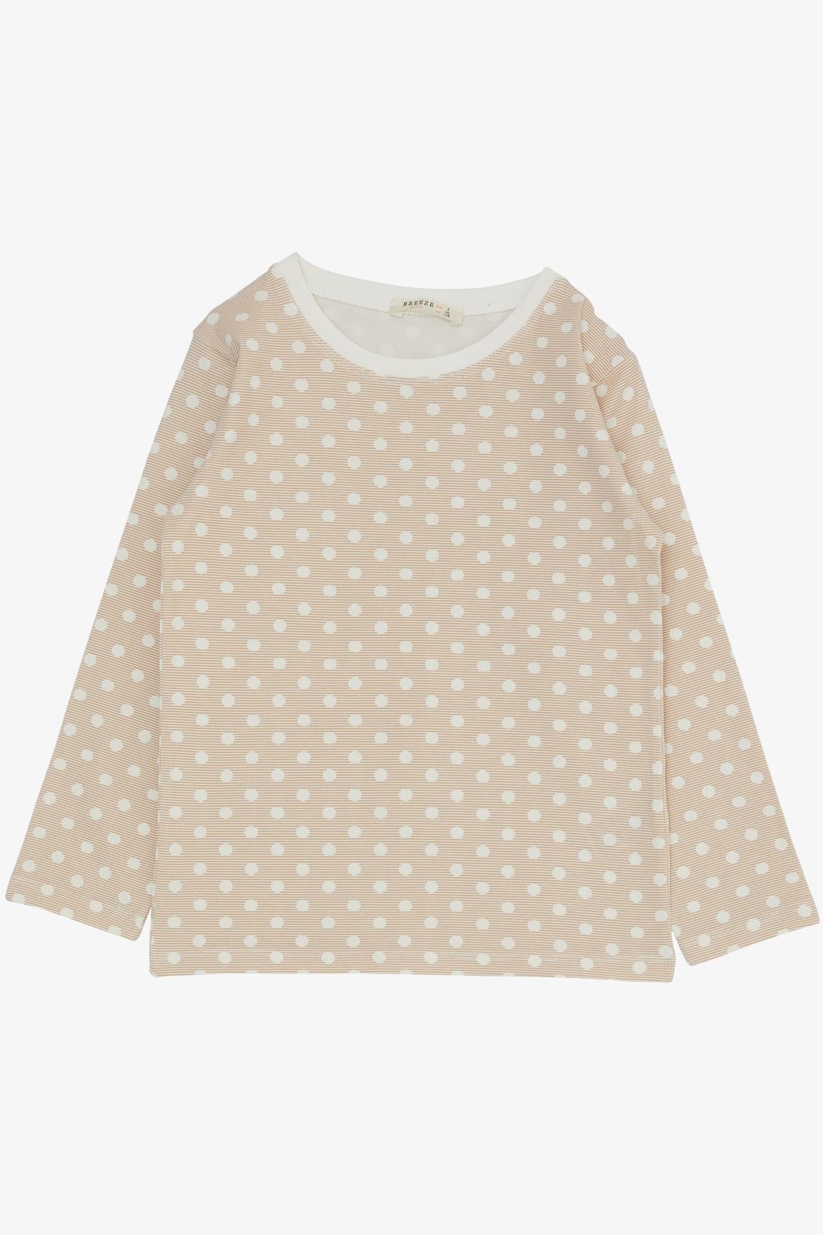 Breeze Kız Çocuk Pijama Takımı Çizgili Puantiye Desenli Bej (4-8 Yaş)