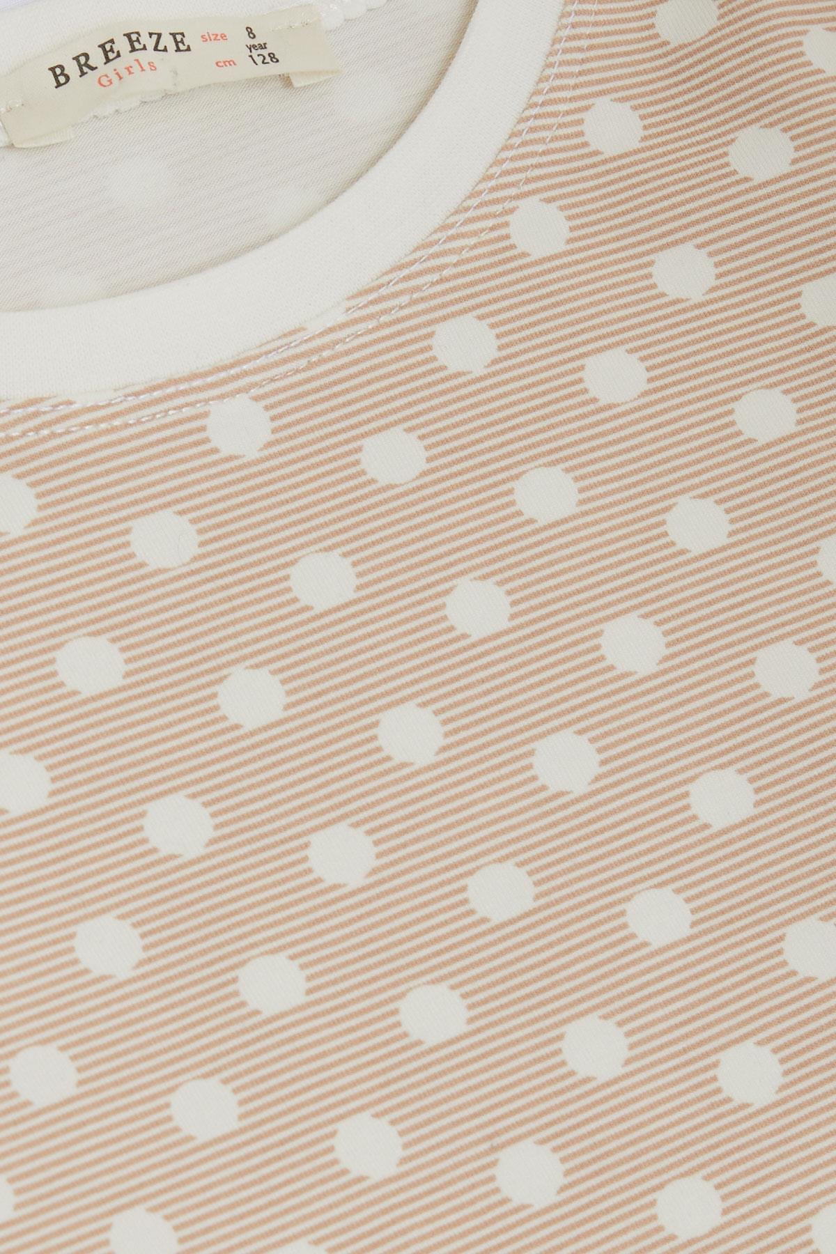 Breeze Kız Çocuk Pijama Takımı Çizgili Puantiye Desenli Bej (4-8 Yaş)