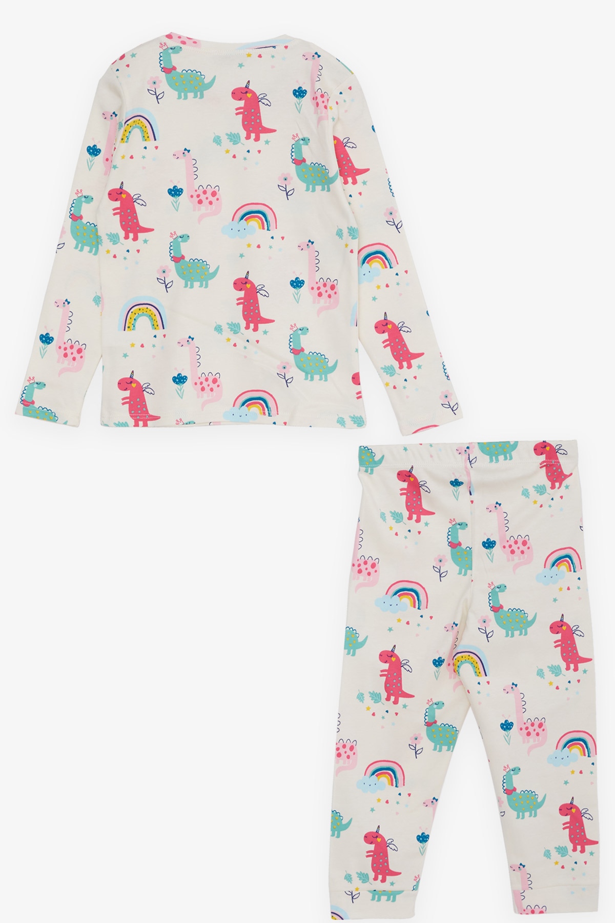 Breeze Kız Çocuk Pijama Takımı Dinozor Desenli Ekru (1.5-5 Yaş)