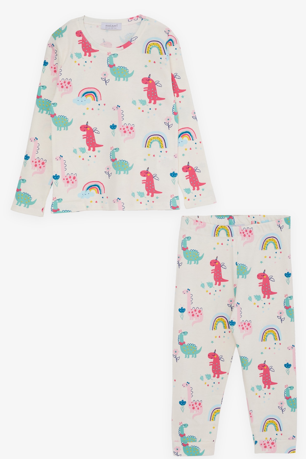 Breeze Kız Çocuk Pijama Takımı Dinozor Desenli Ekru (1.5-5 Yaş)