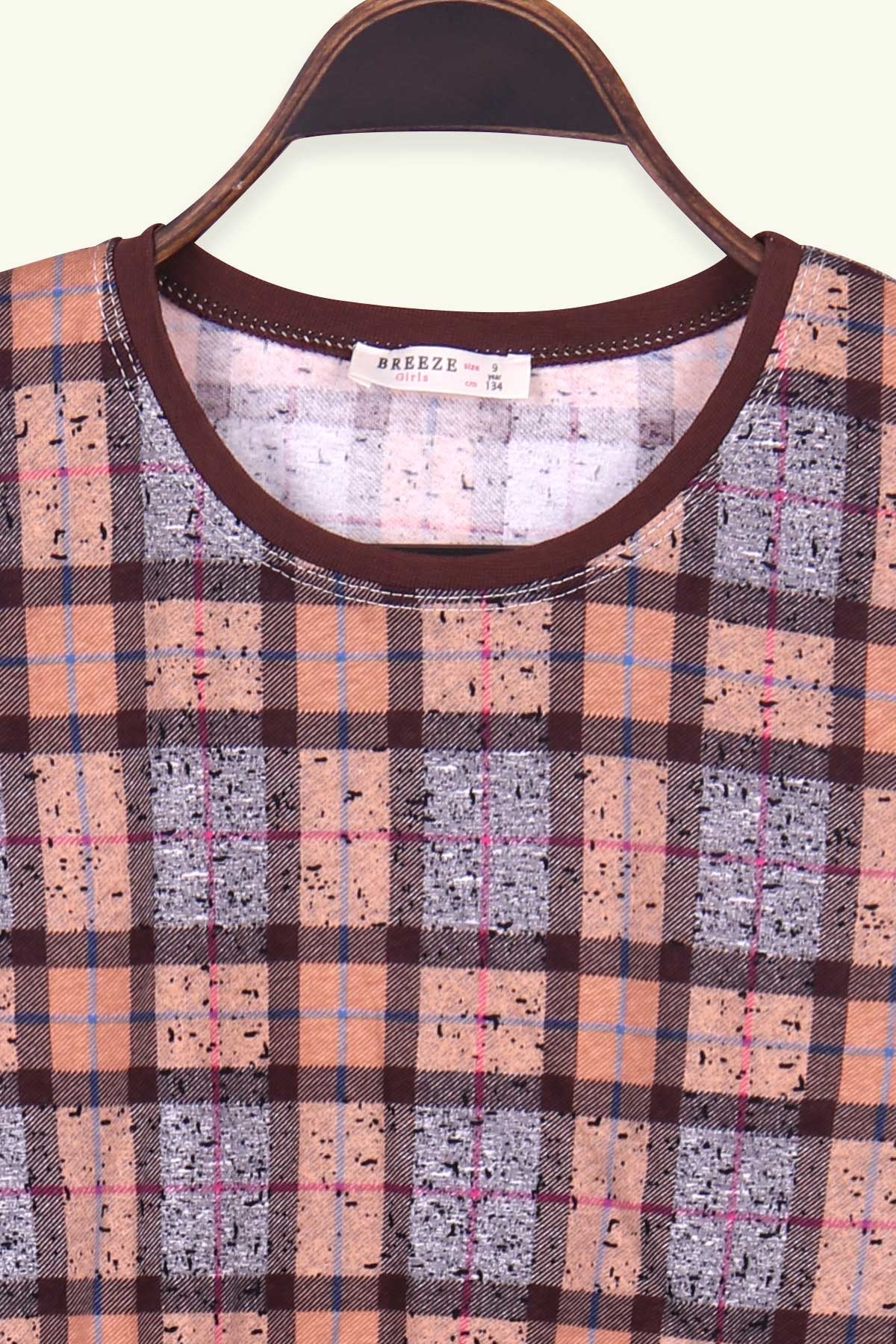 Breeze Kız Çocuk Pijama Takımı Ekoseli Kahverengi (9-14 Yaş)