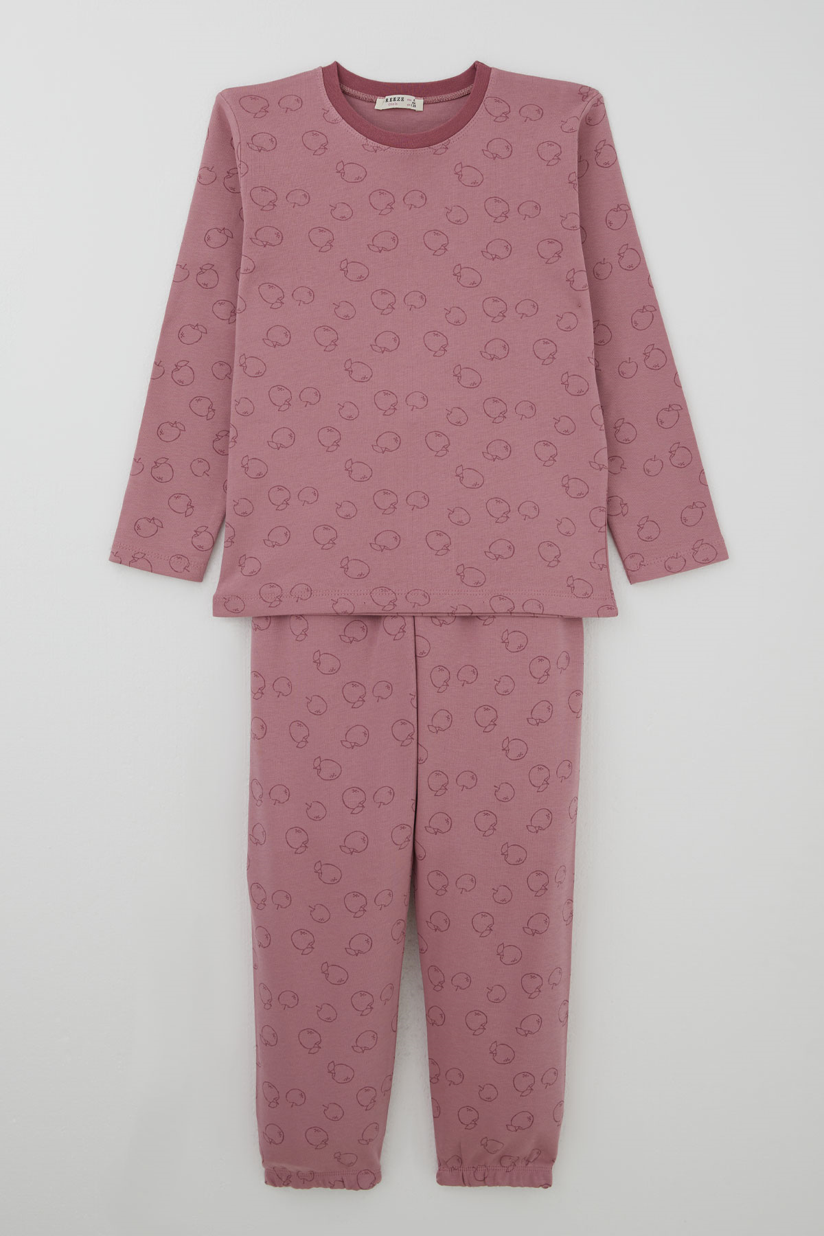 Breeze Kız Çocuk Pijama Takımı Elma Desenli Beli Paçası Lastikli Gülkurusu (4-8 Yaş)