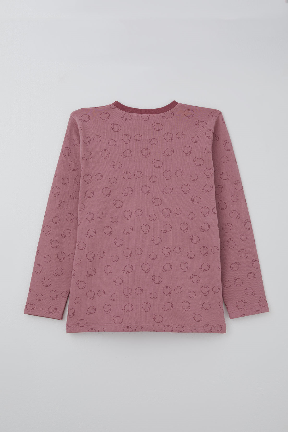 Breeze Kız Çocuk Pijama Takımı Elma Desenli Beli Paçası Lastikli Gülkurusu (9-12 Yaş)