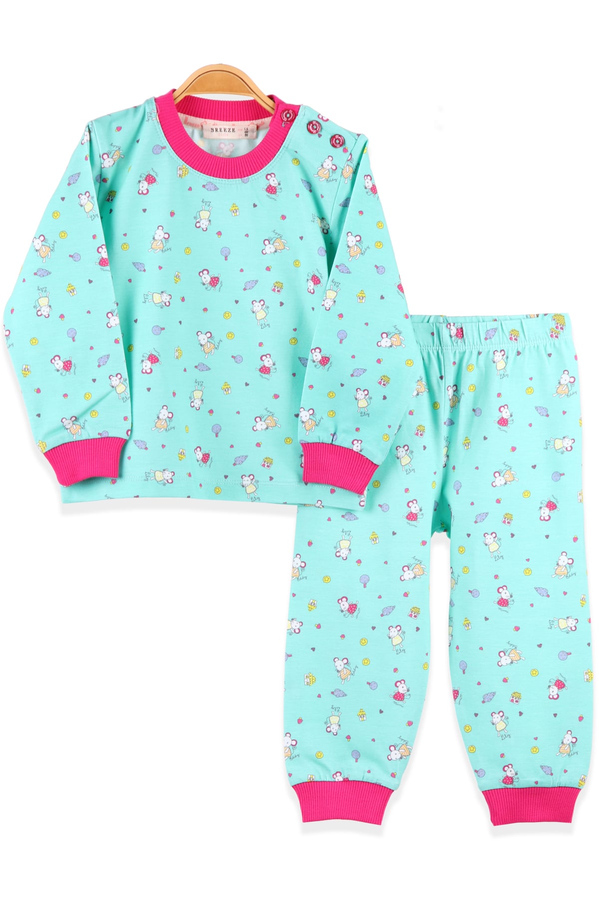 BREEZE Kız Çocuk Pijama Takımı Fareli Yeşil (1.5-5 Yaş)