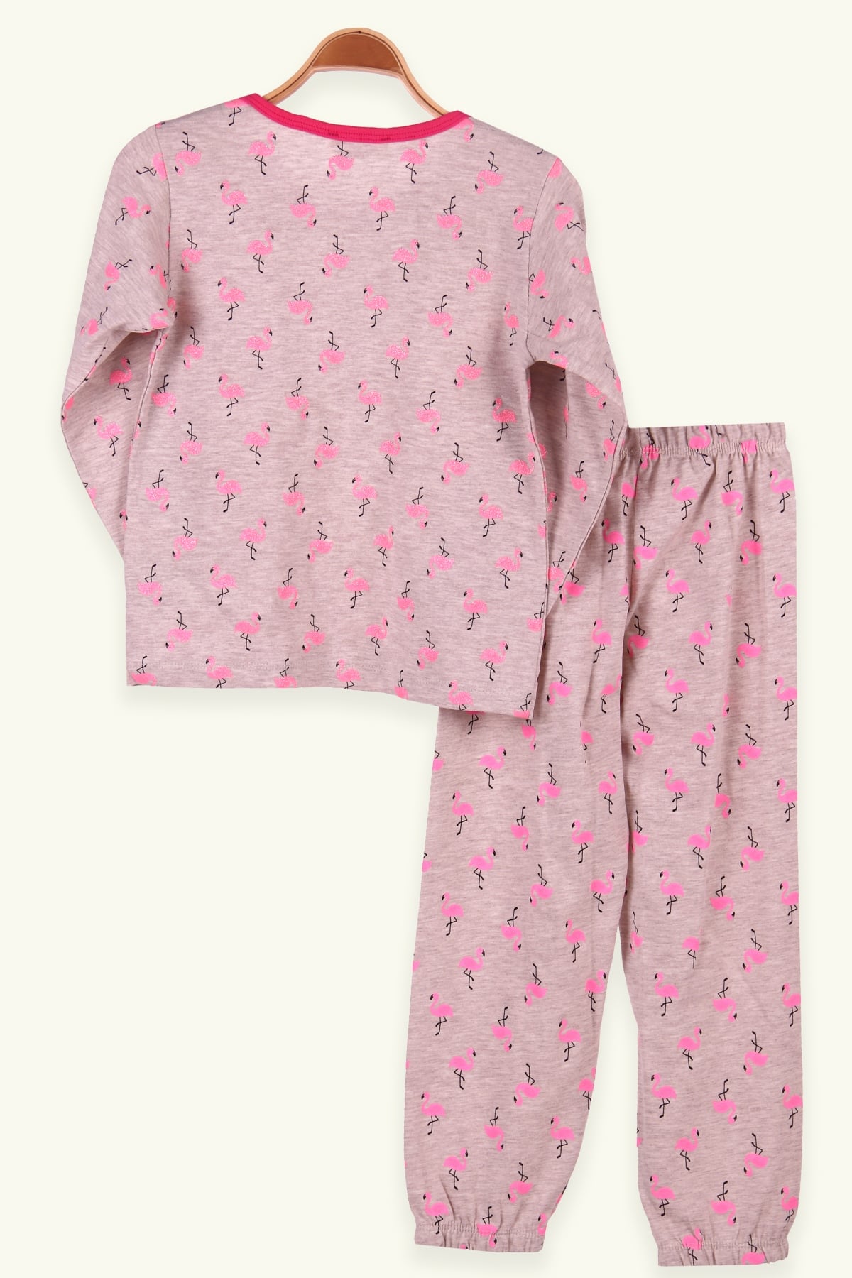 Breeze Kız Çocuk Pijama Takımı Flamingo Baskılı Simli Bej (6-10 Yaş)
