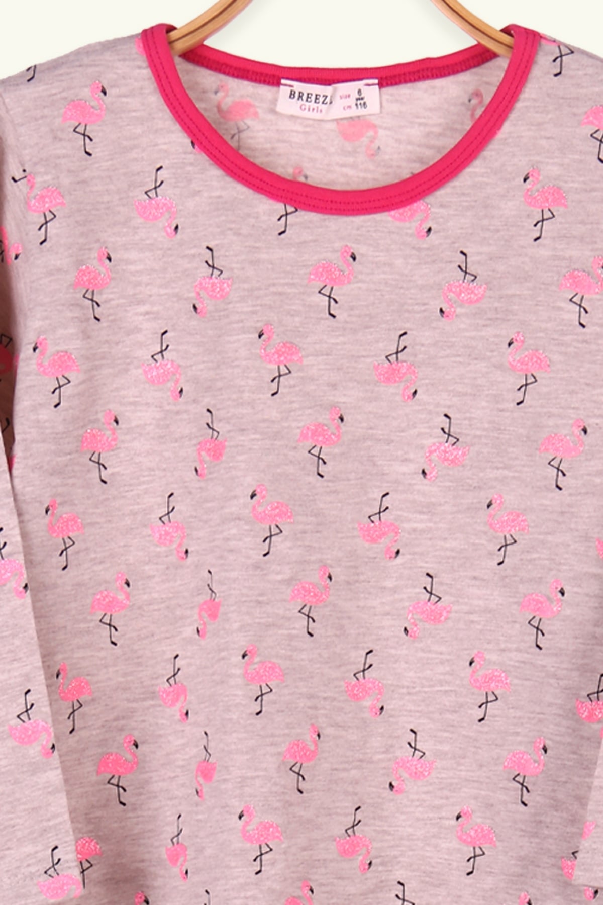 Breeze Kız Çocuk Pijama Takımı Flamingo Baskılı Simli Bej (6-10 Yaş)