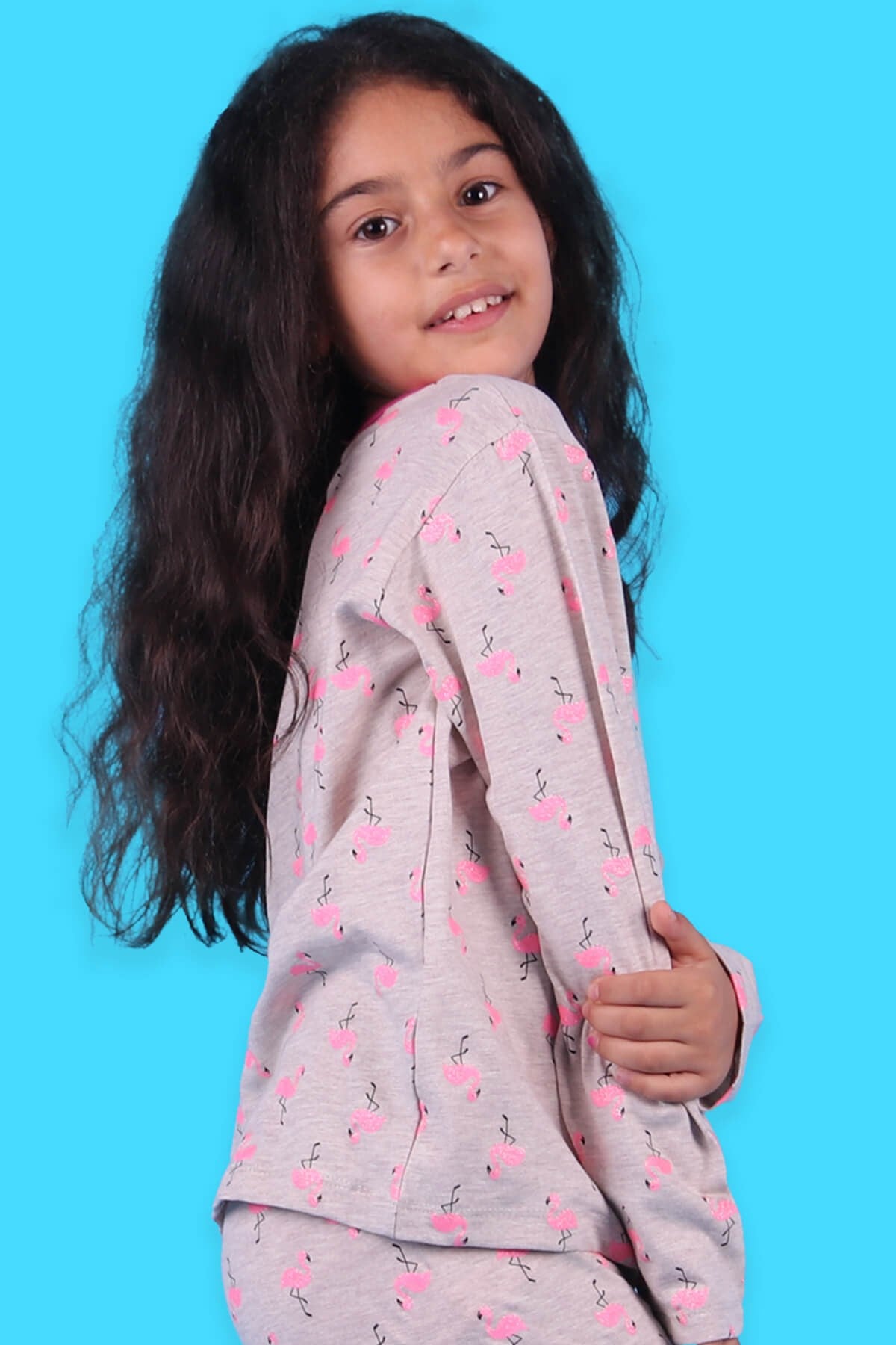 Breeze Kız Çocuk Pijama Takımı Flamingo Baskılı Simli Bej (6-10 Yaş)