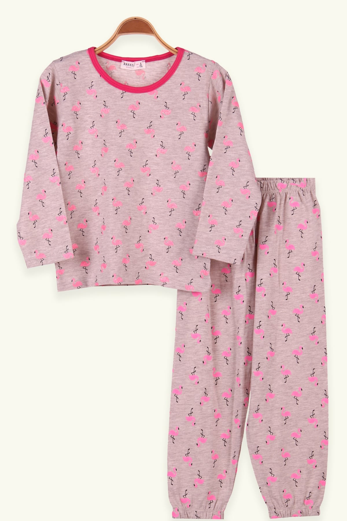 Breeze Kız Çocuk Pijama Takımı Flamingo Baskılı Simli Bej (6-10 Yaş)